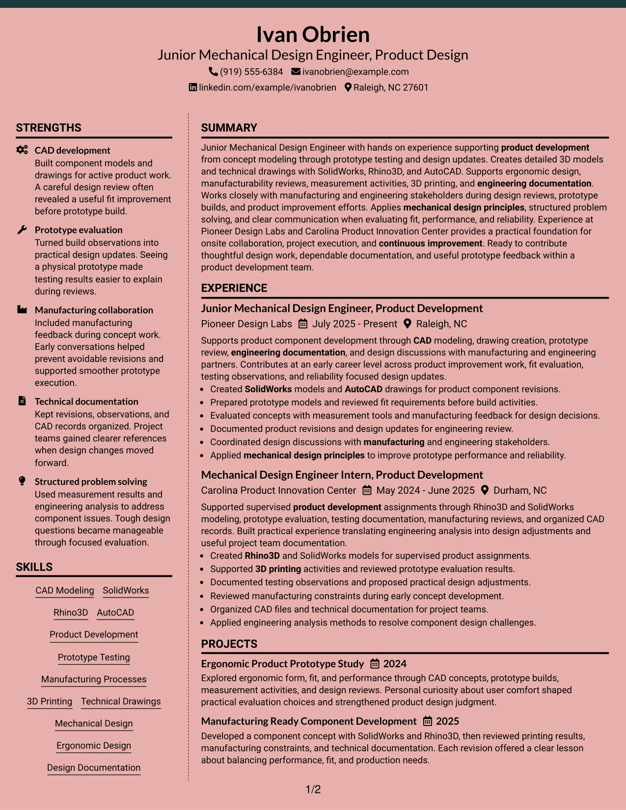 Resume Example Page 1