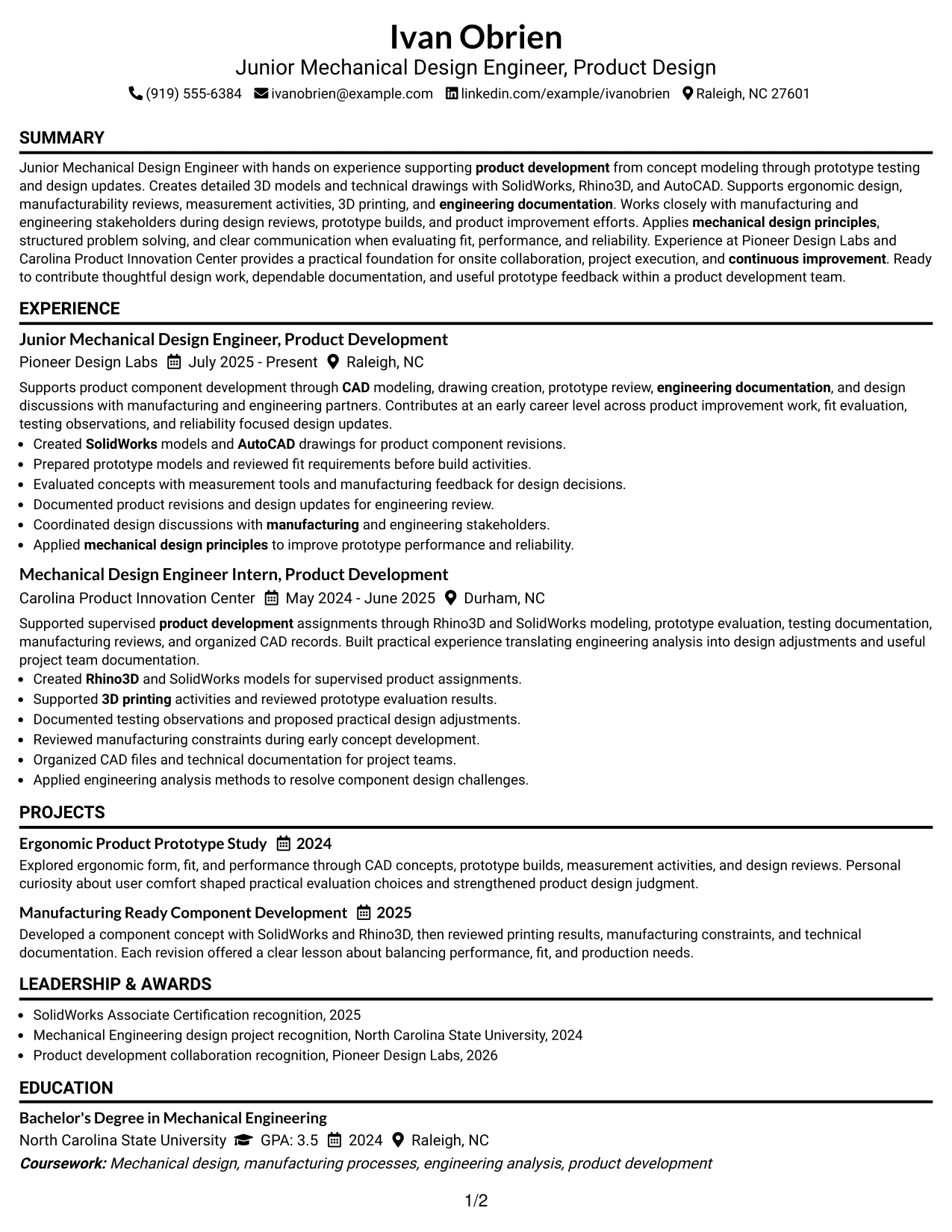 Resume Example Page 1