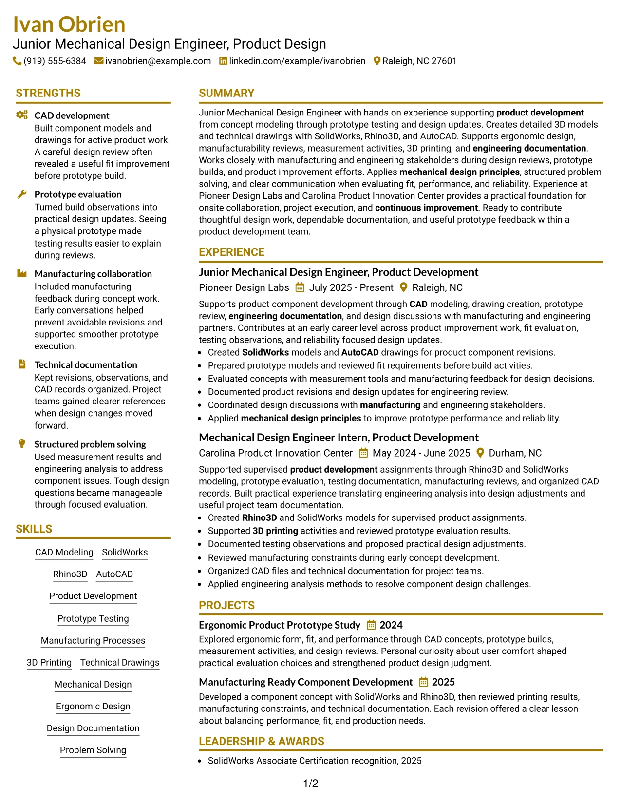 Resume Example Page 1