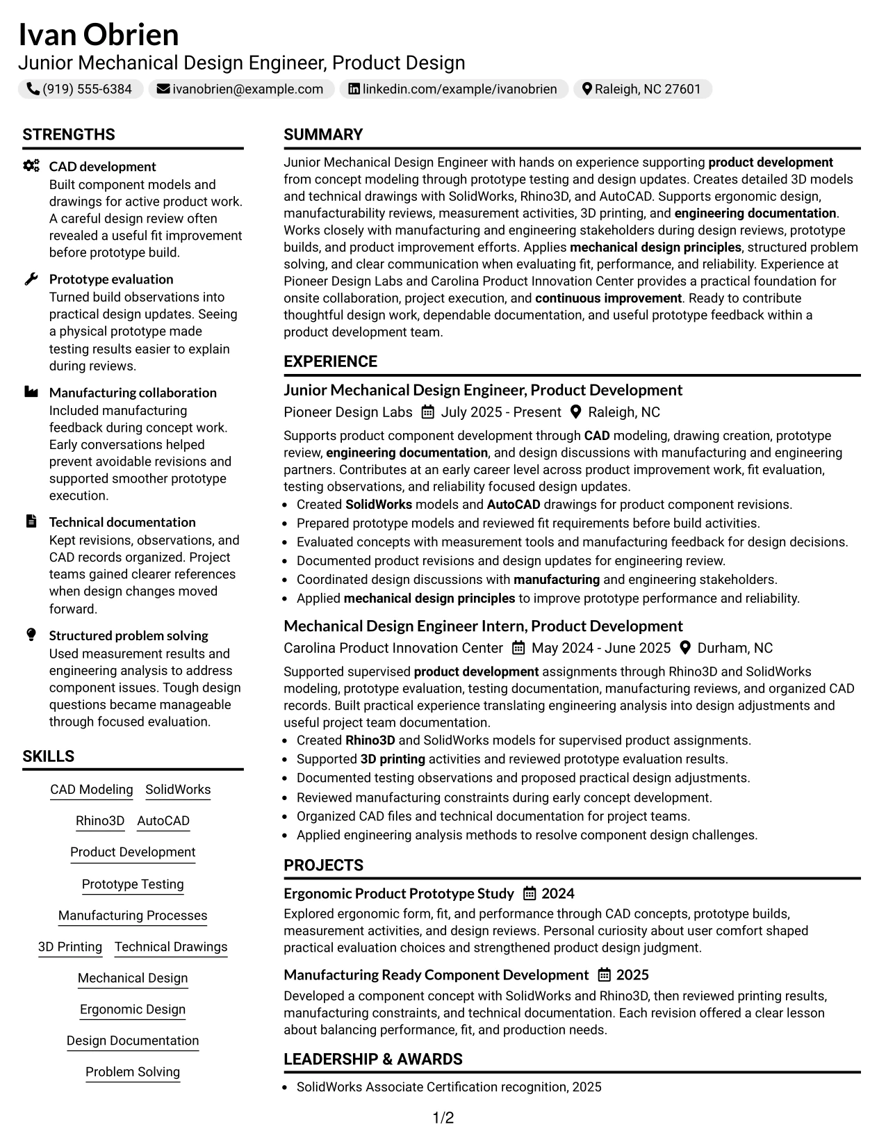 Resume Example Page 1