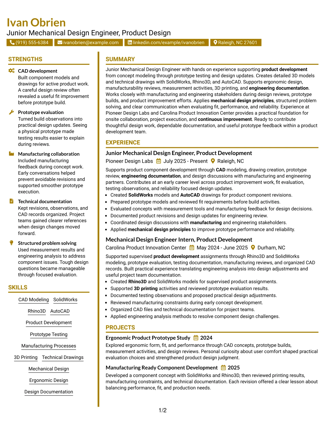 Resume Example Page 1