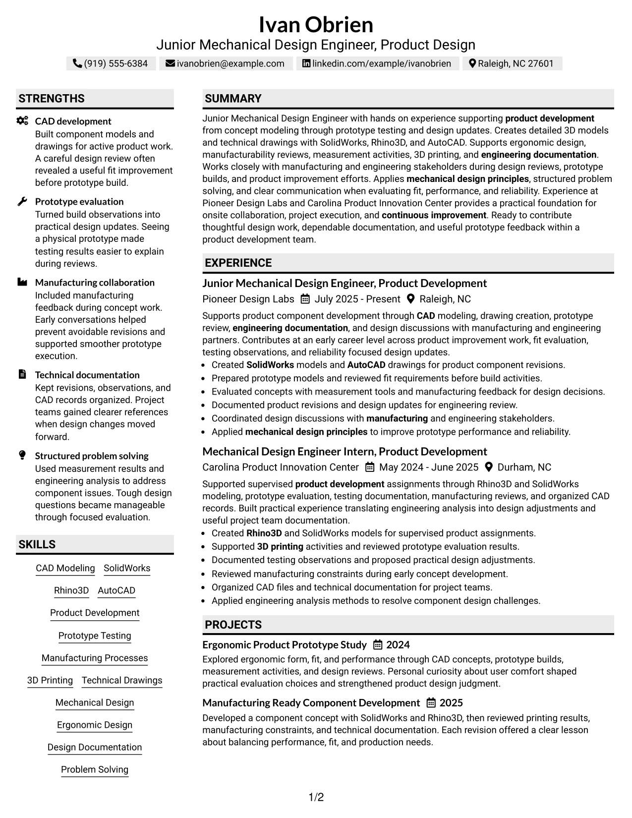 Resume Example Page 1