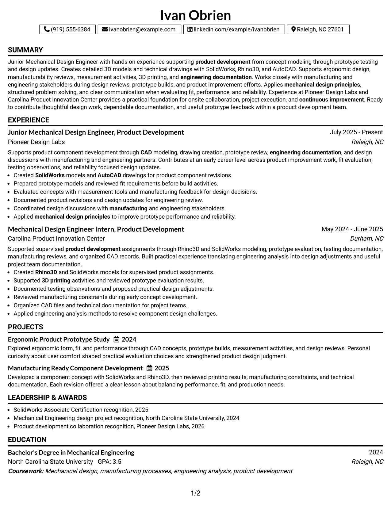 Resume Example Page 1