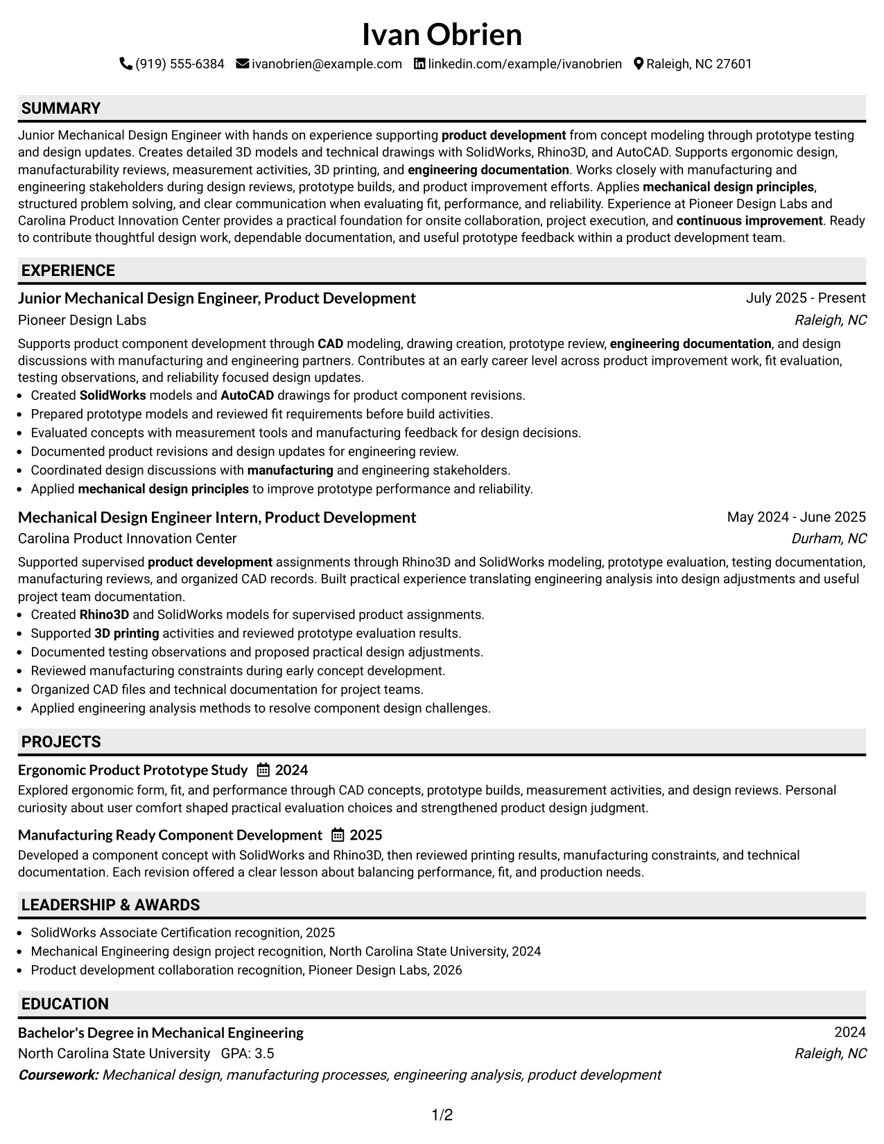 Resume Example Page 1