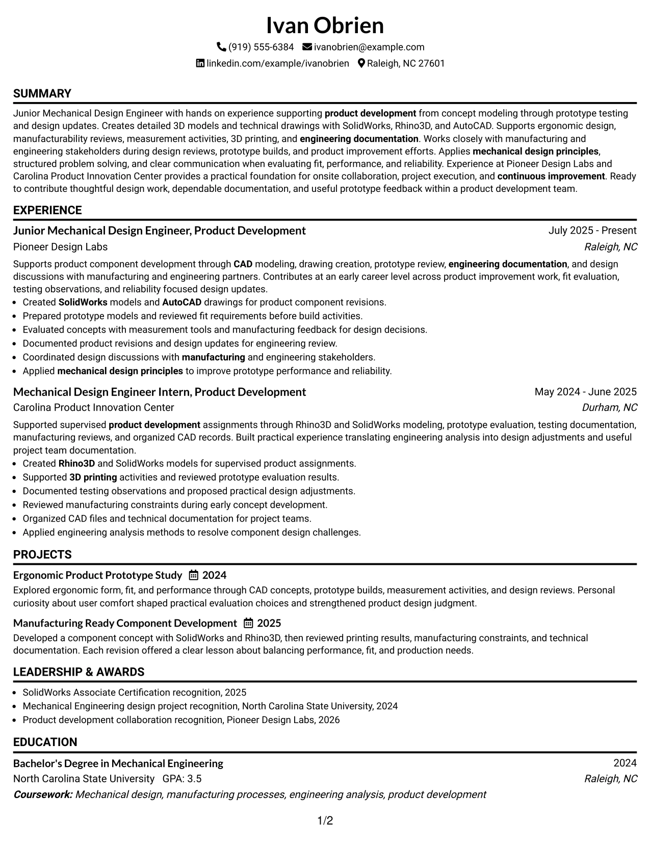 Resume Example Page 1