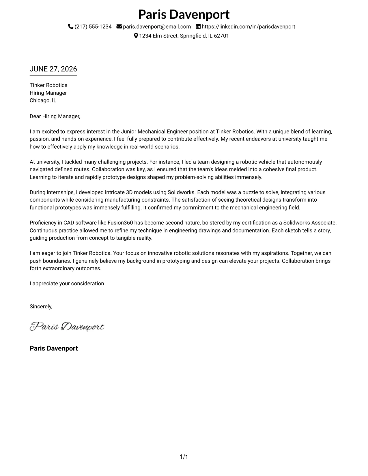 Resume Example Page 1