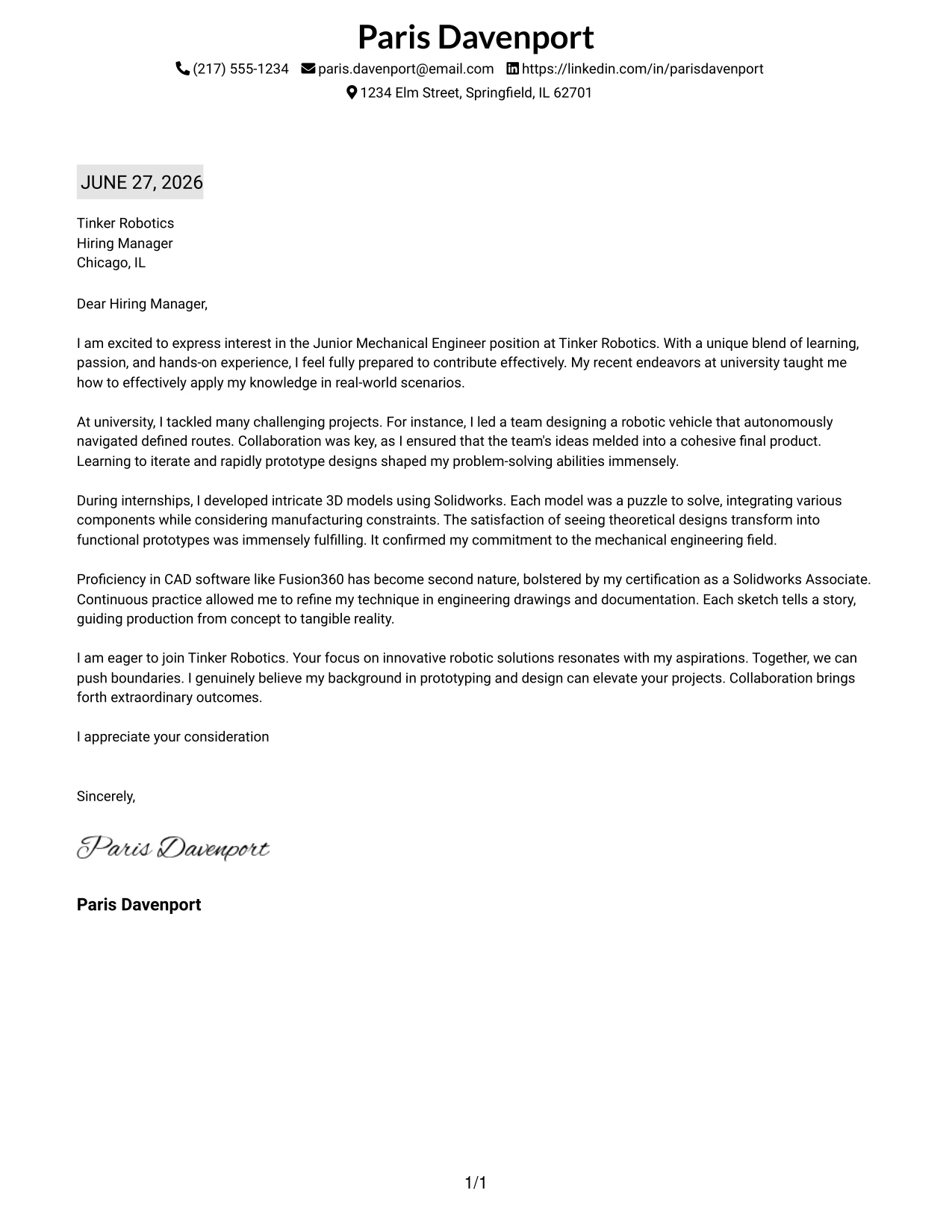 Resume Example Page 1