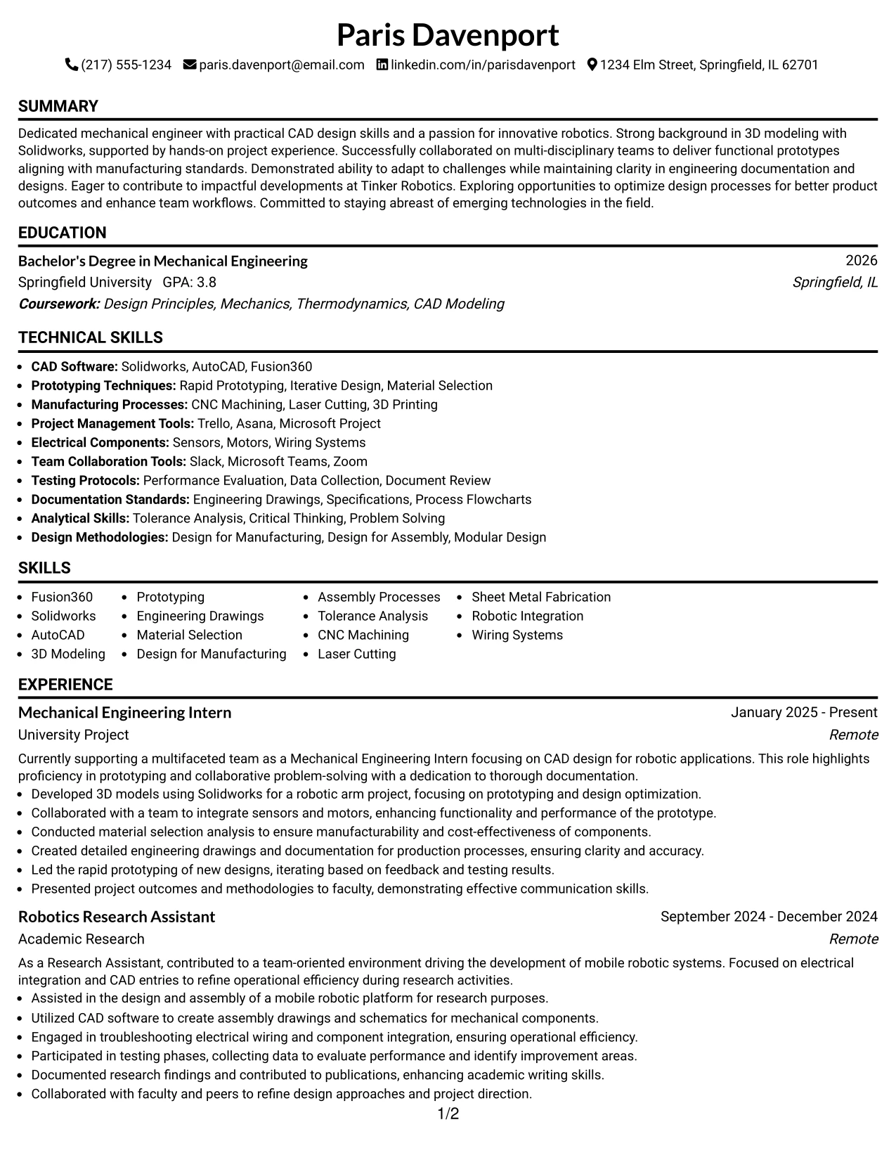 Resume Example Page 1