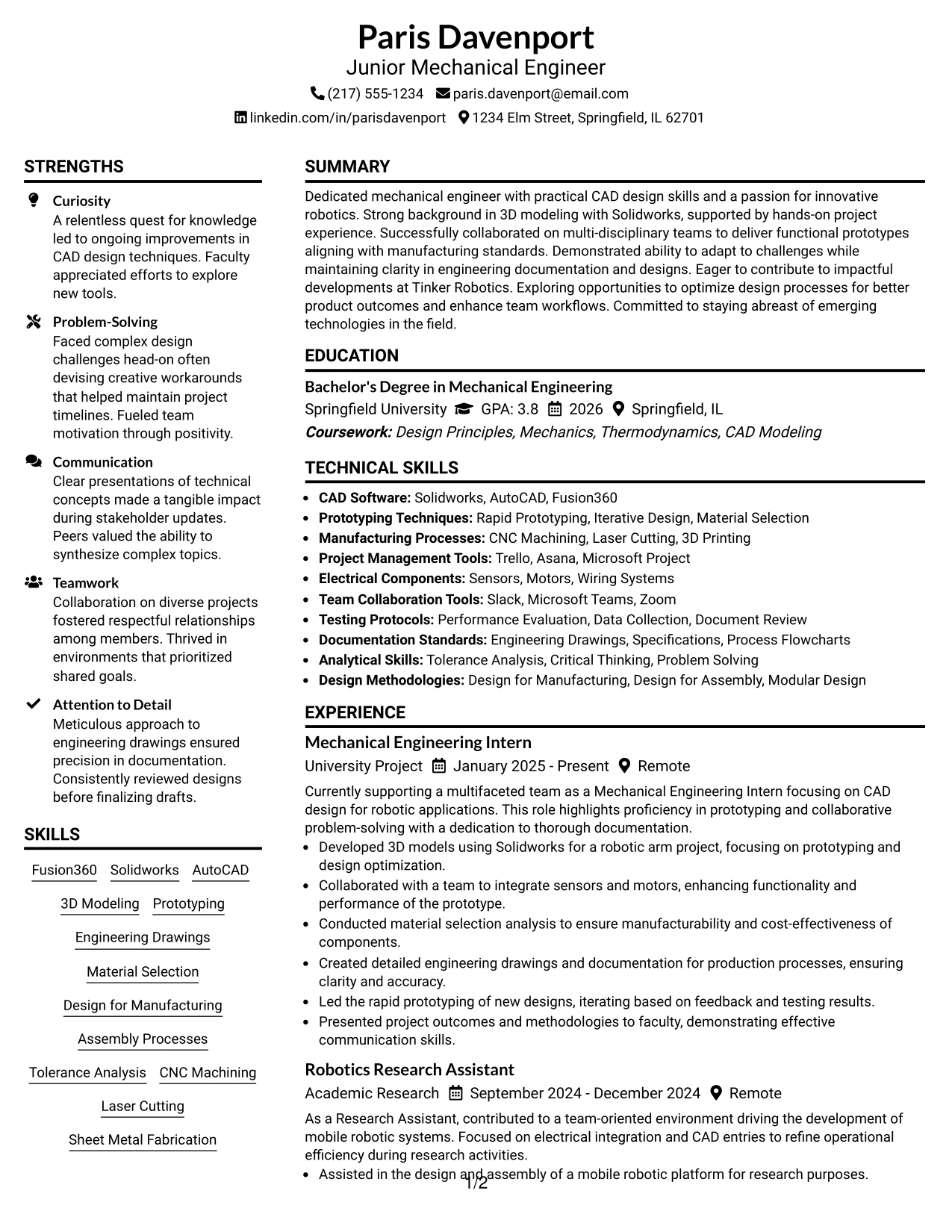 Resume Example Page 1