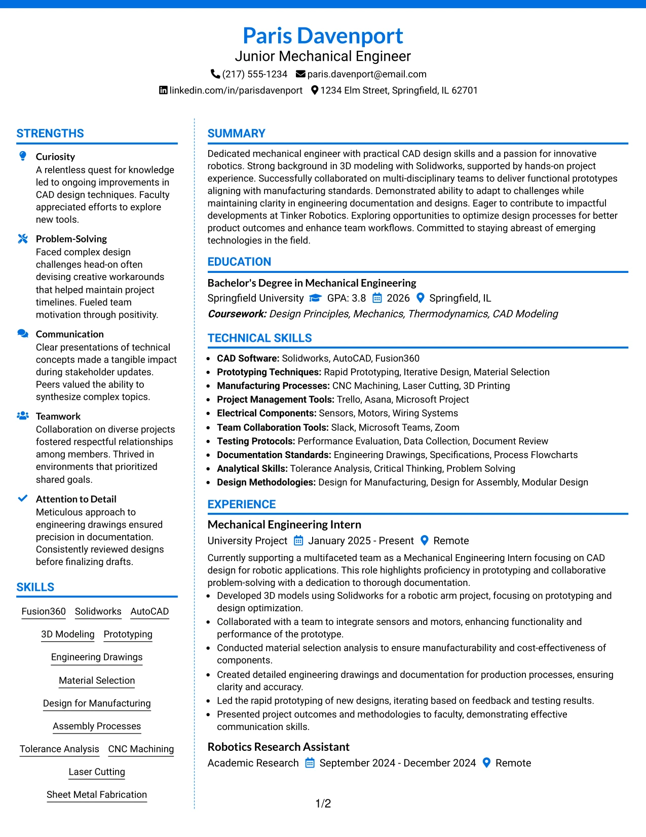Resume Example Page 1