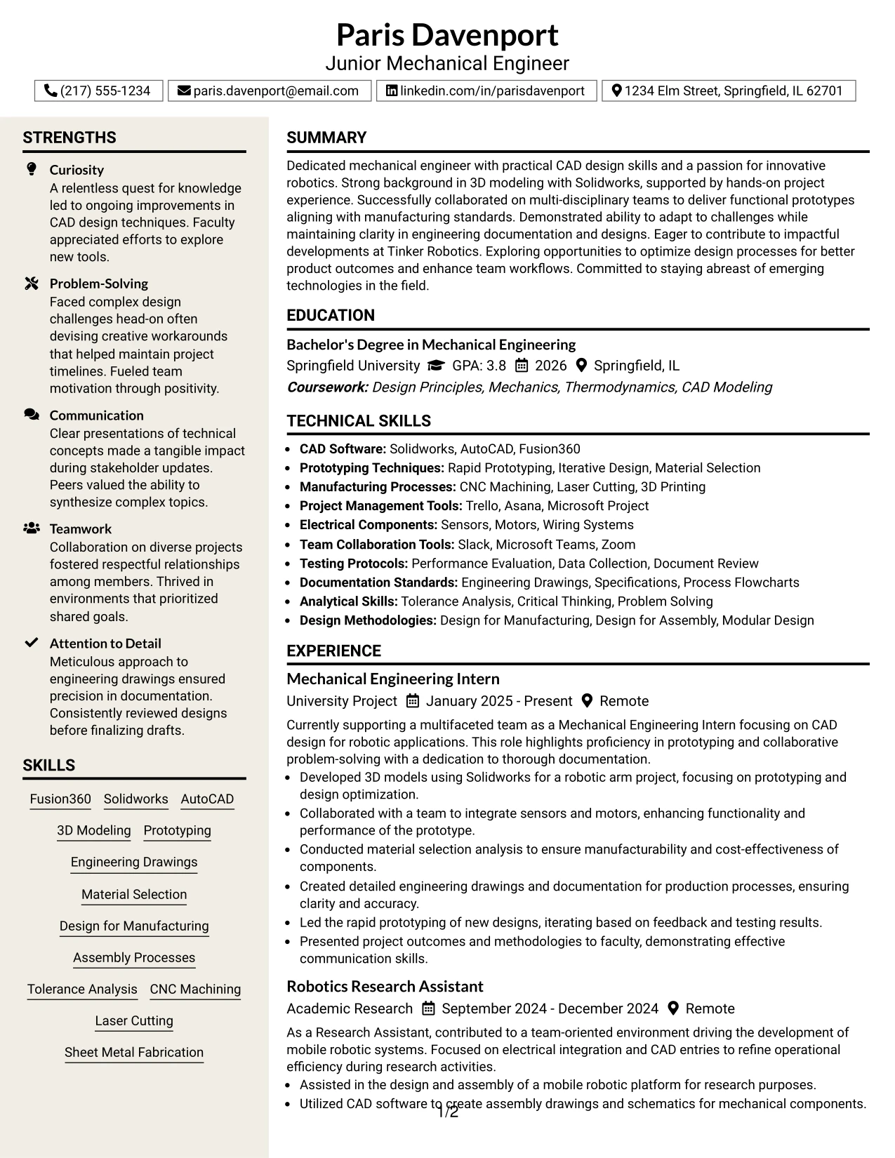 Resume Example Page 1