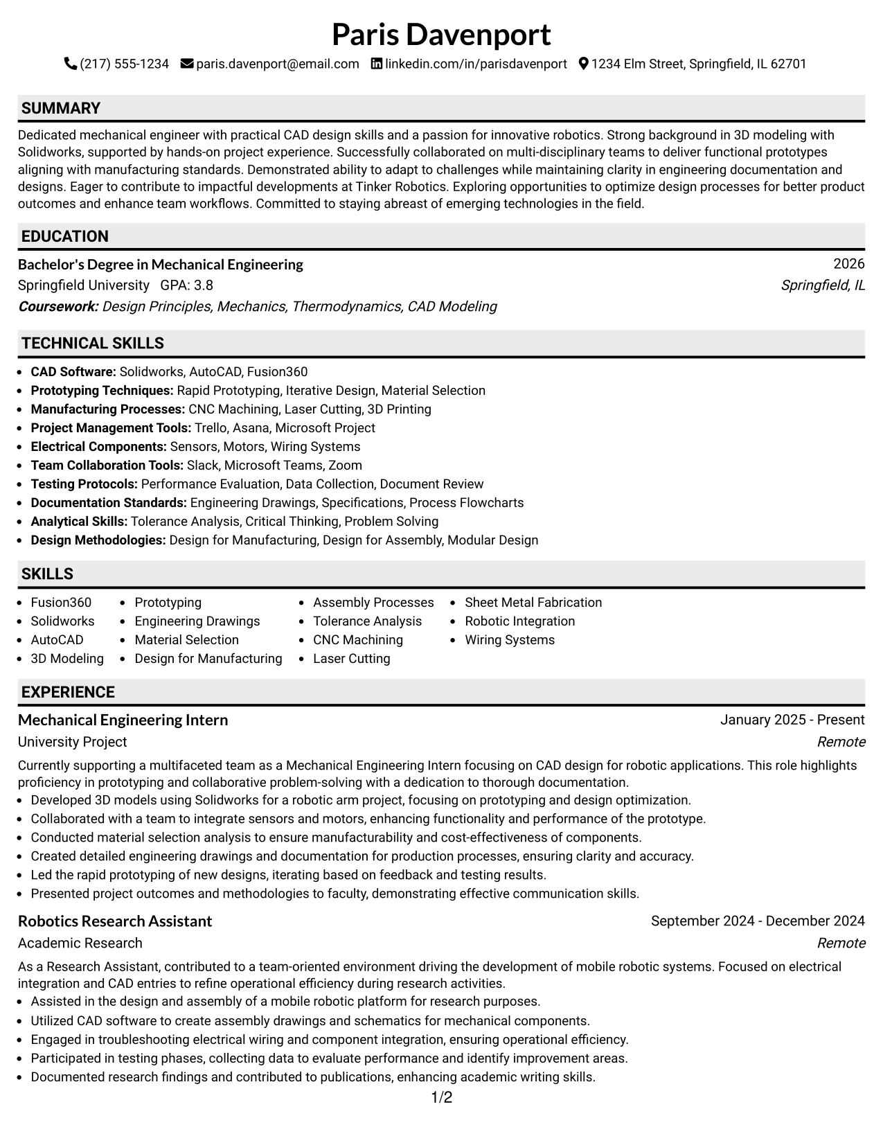Resume Example Page 1