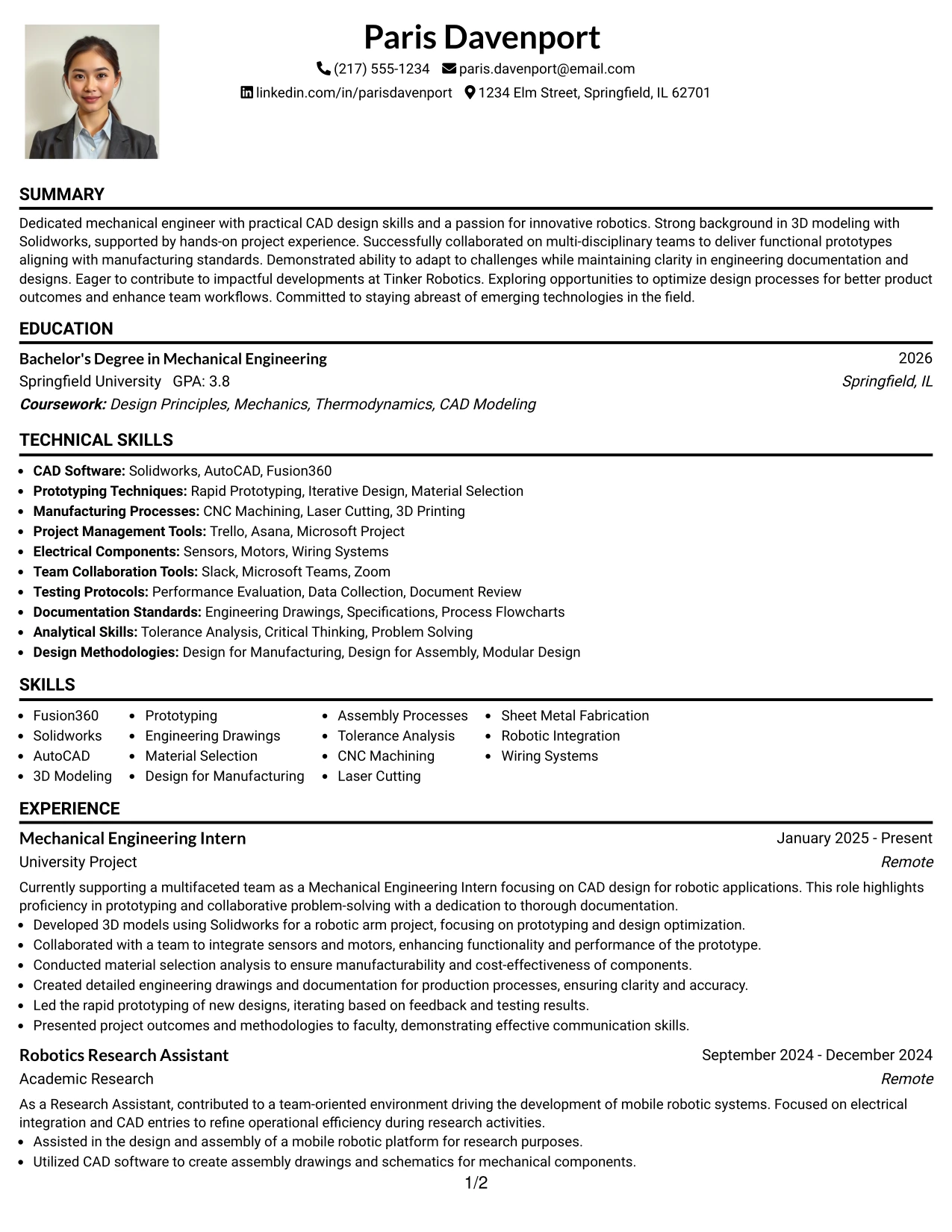 Resume Example Page 1
