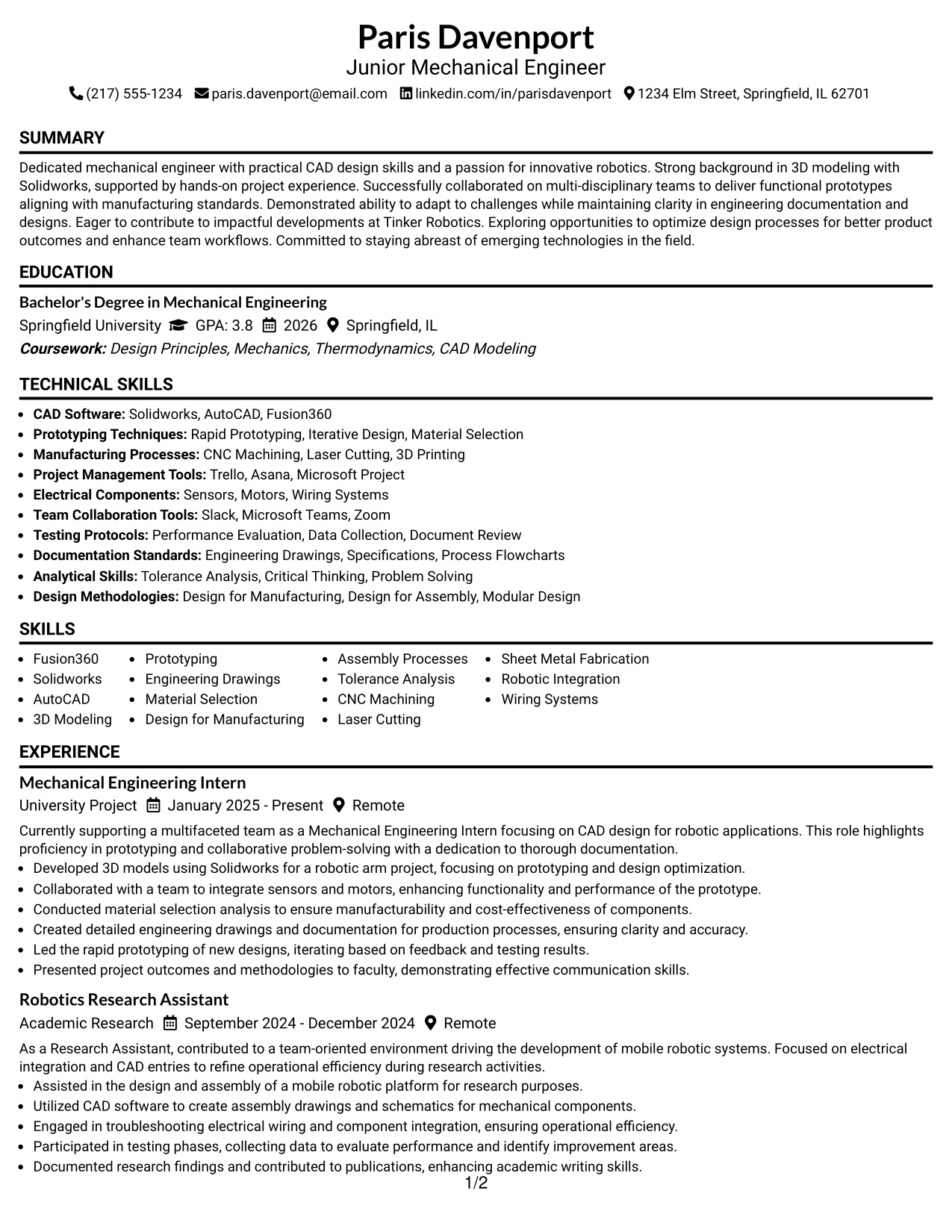 Resume Example Page 1