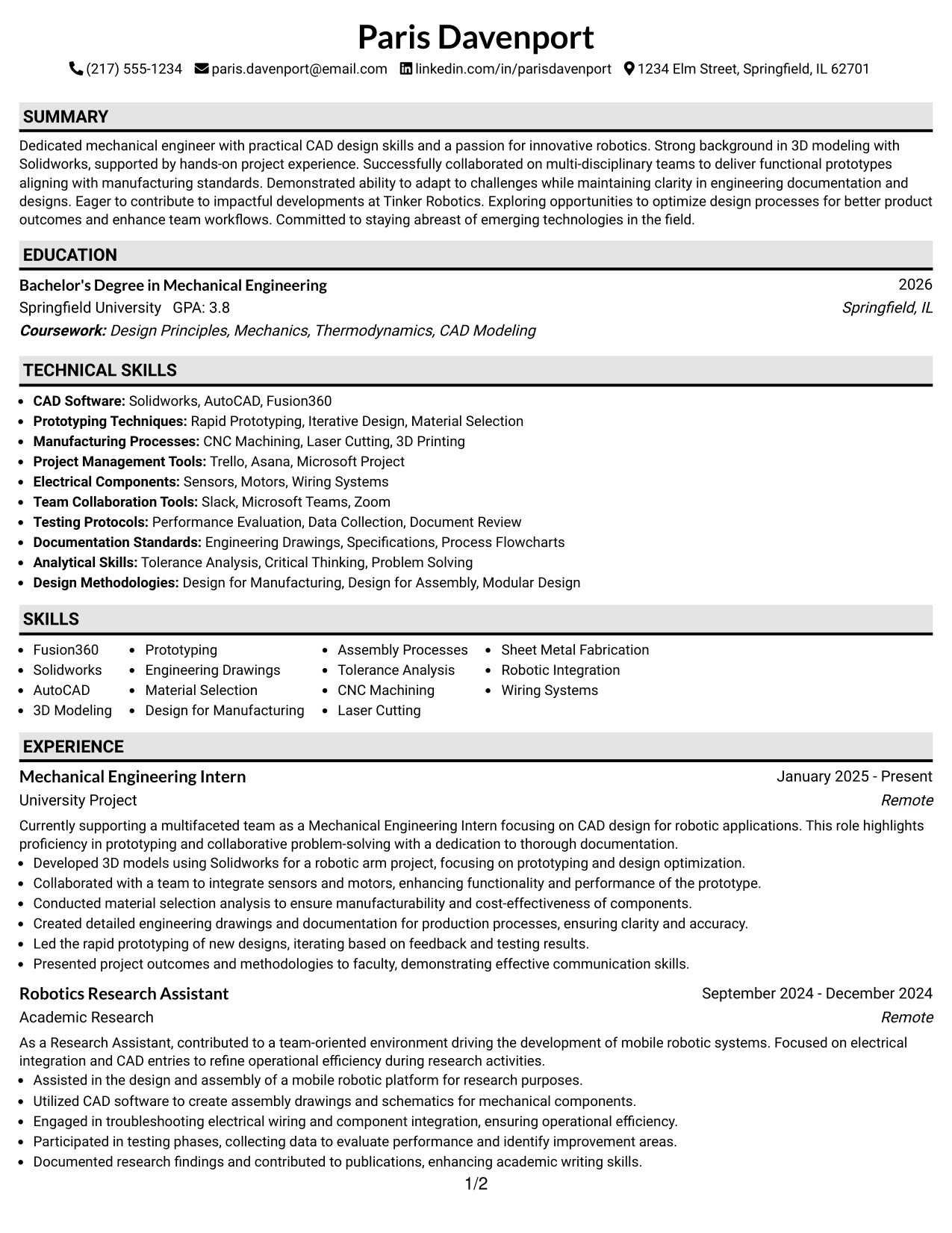 Resume Example Page 1