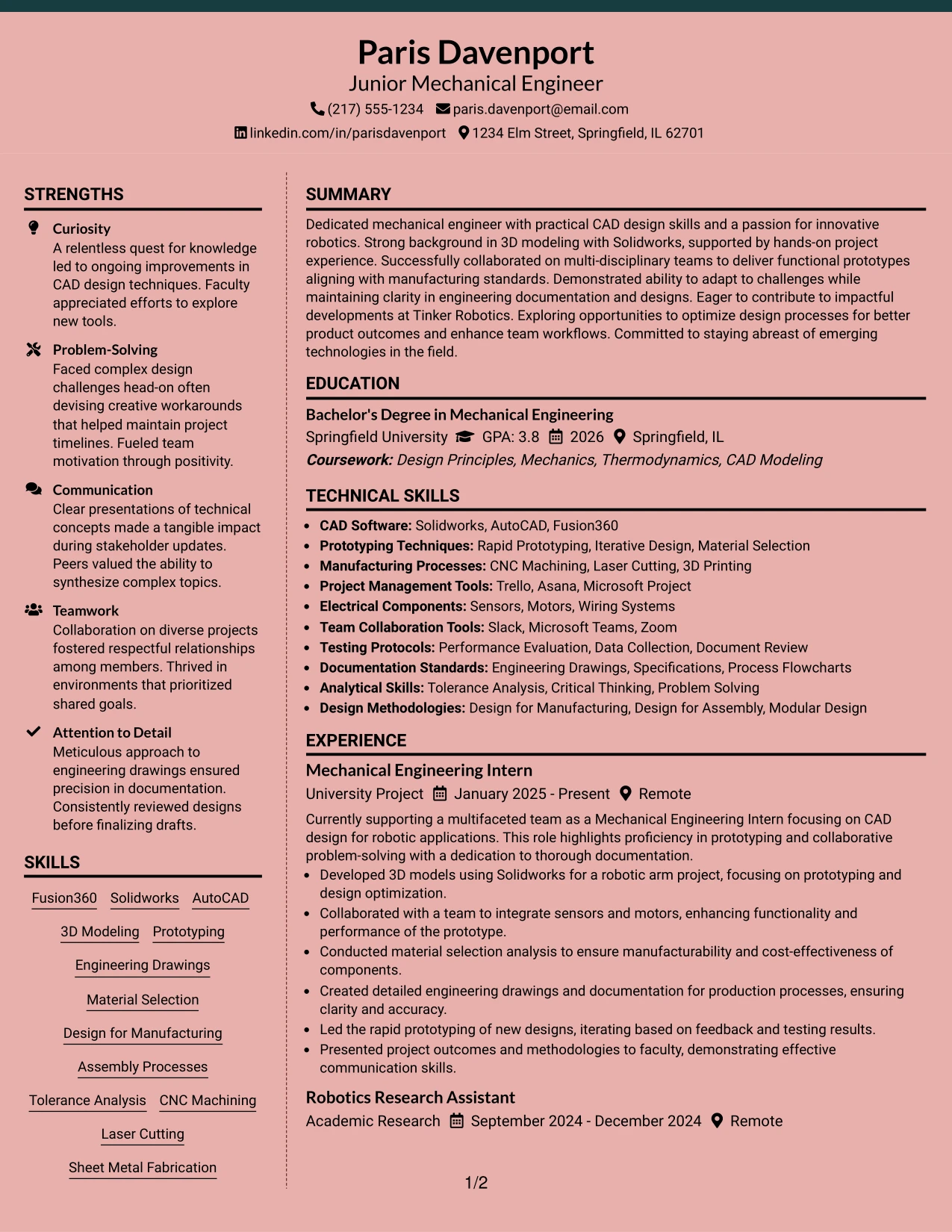 Resume Example Page 1