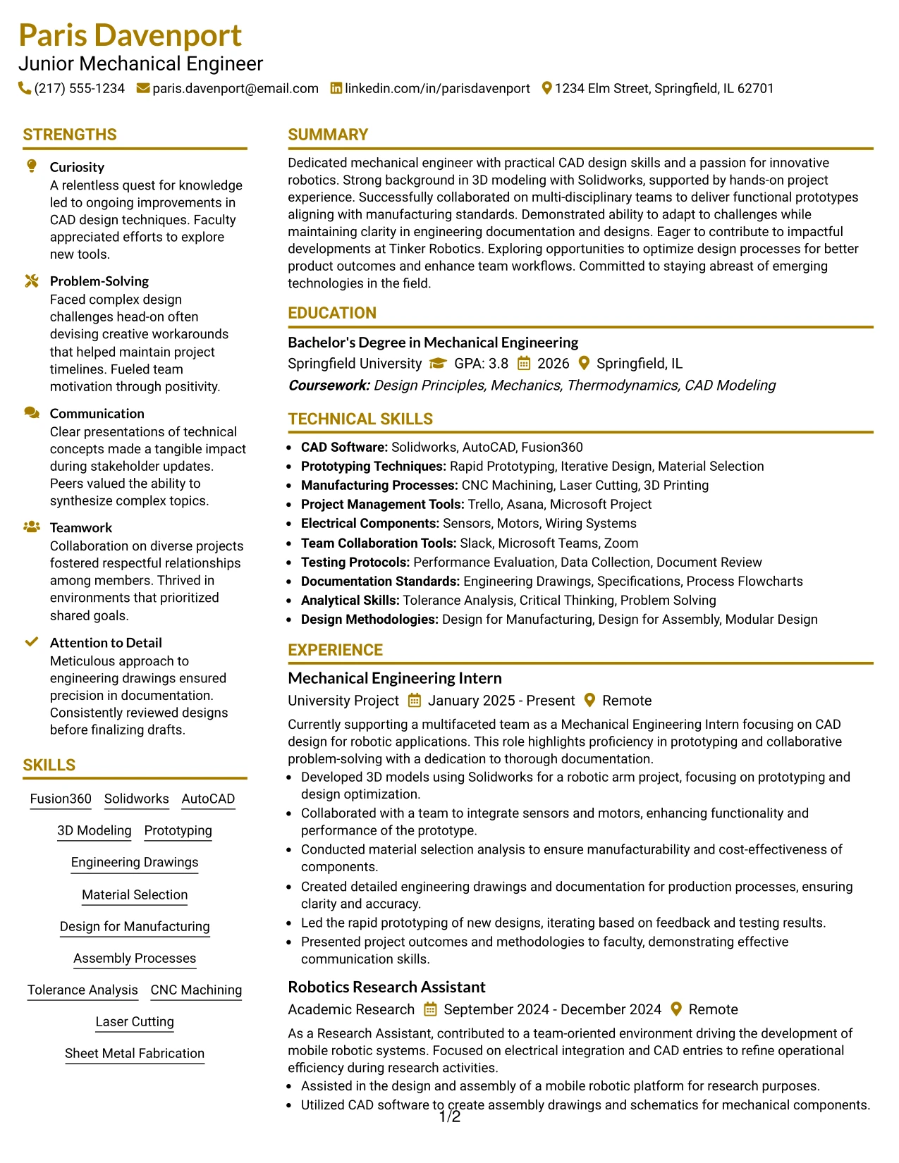 Resume Example Page 1
