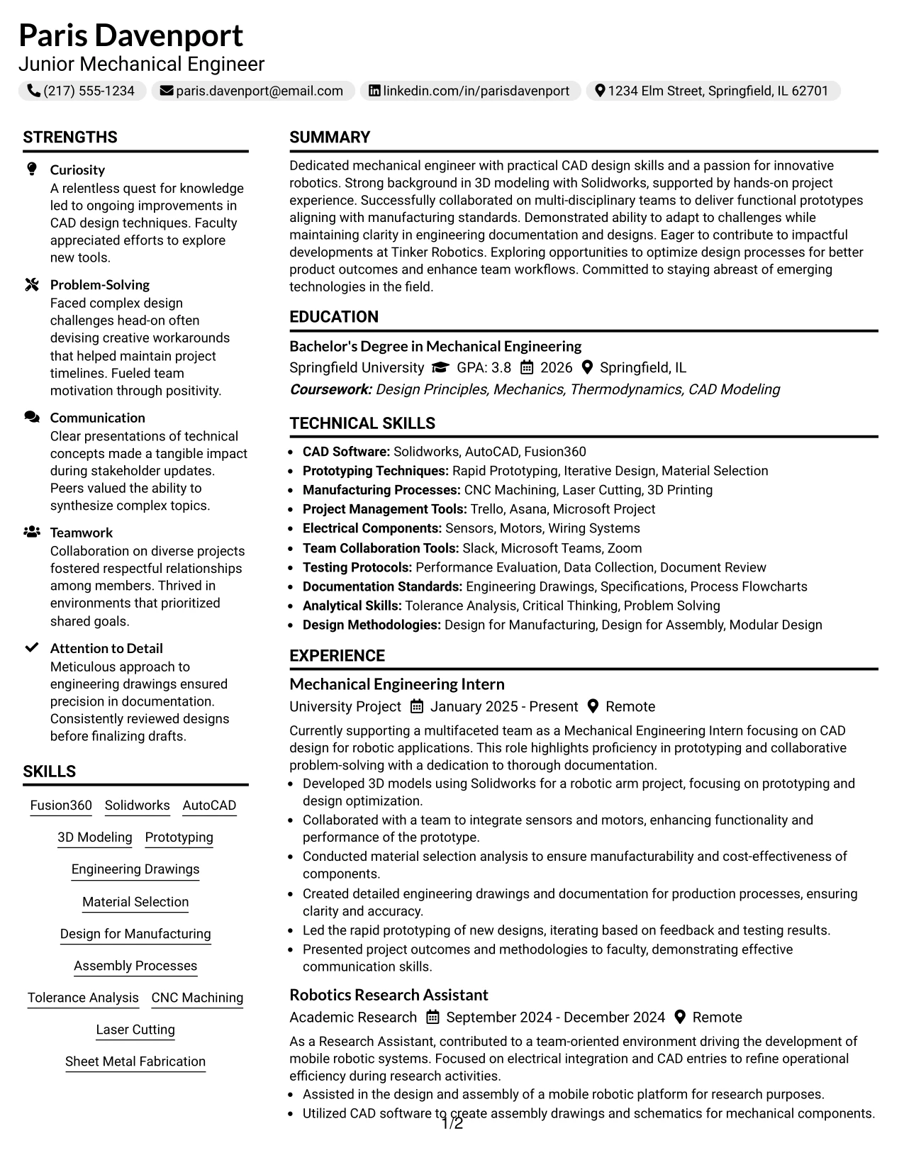 Resume Example Page 1