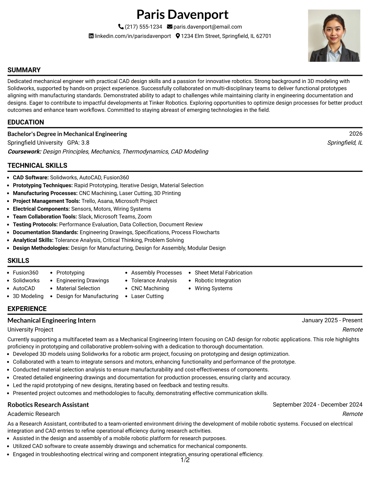 Resume Example Page 1