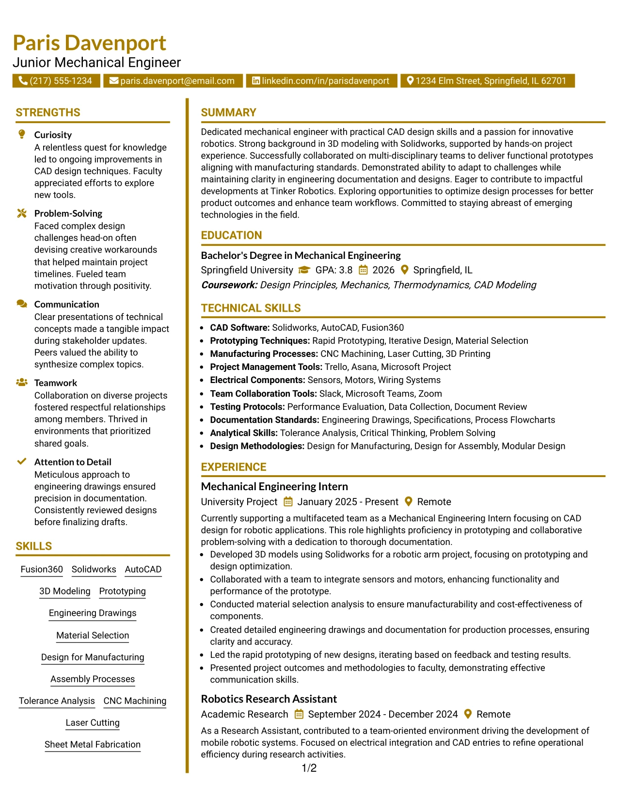 Resume Example Page 1