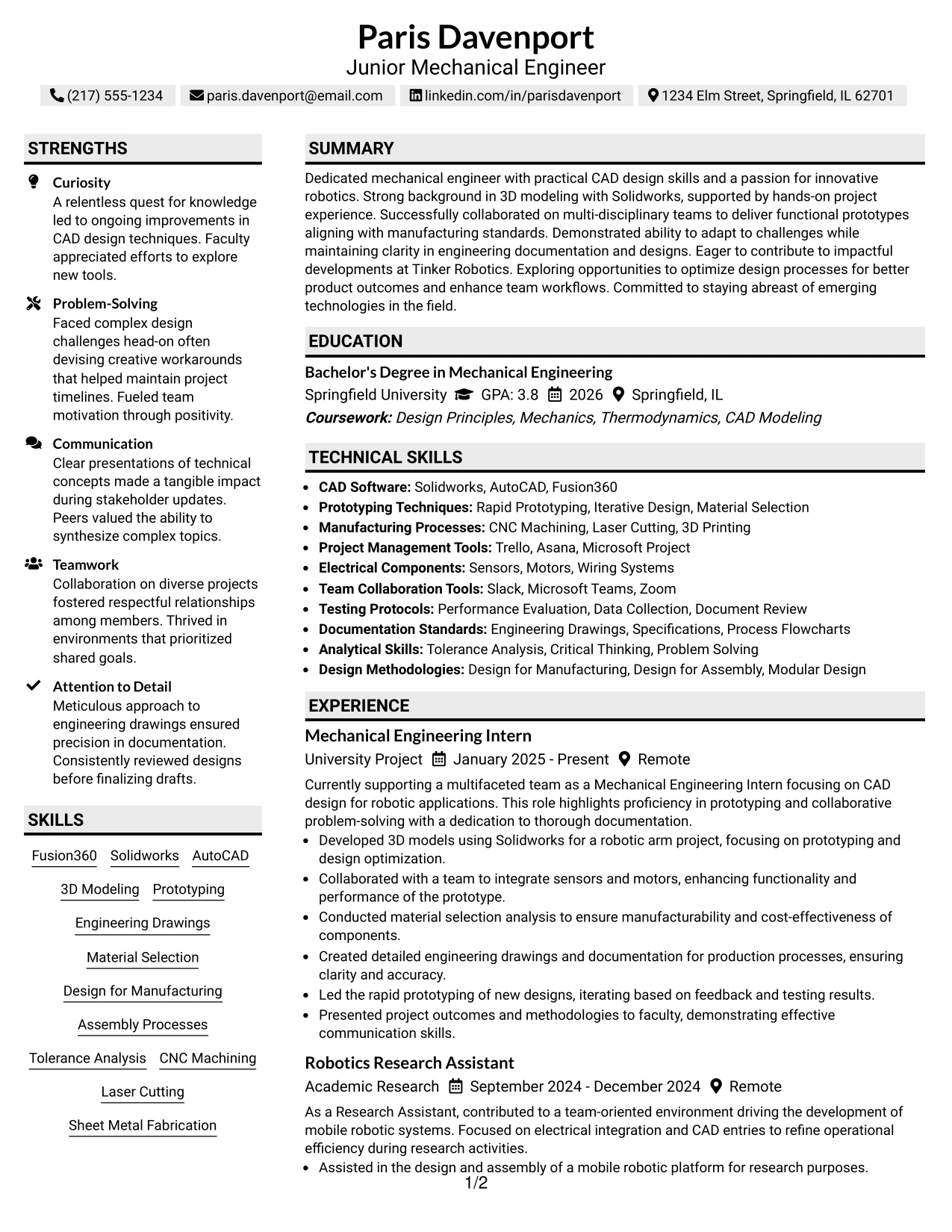 Resume Example Page 1