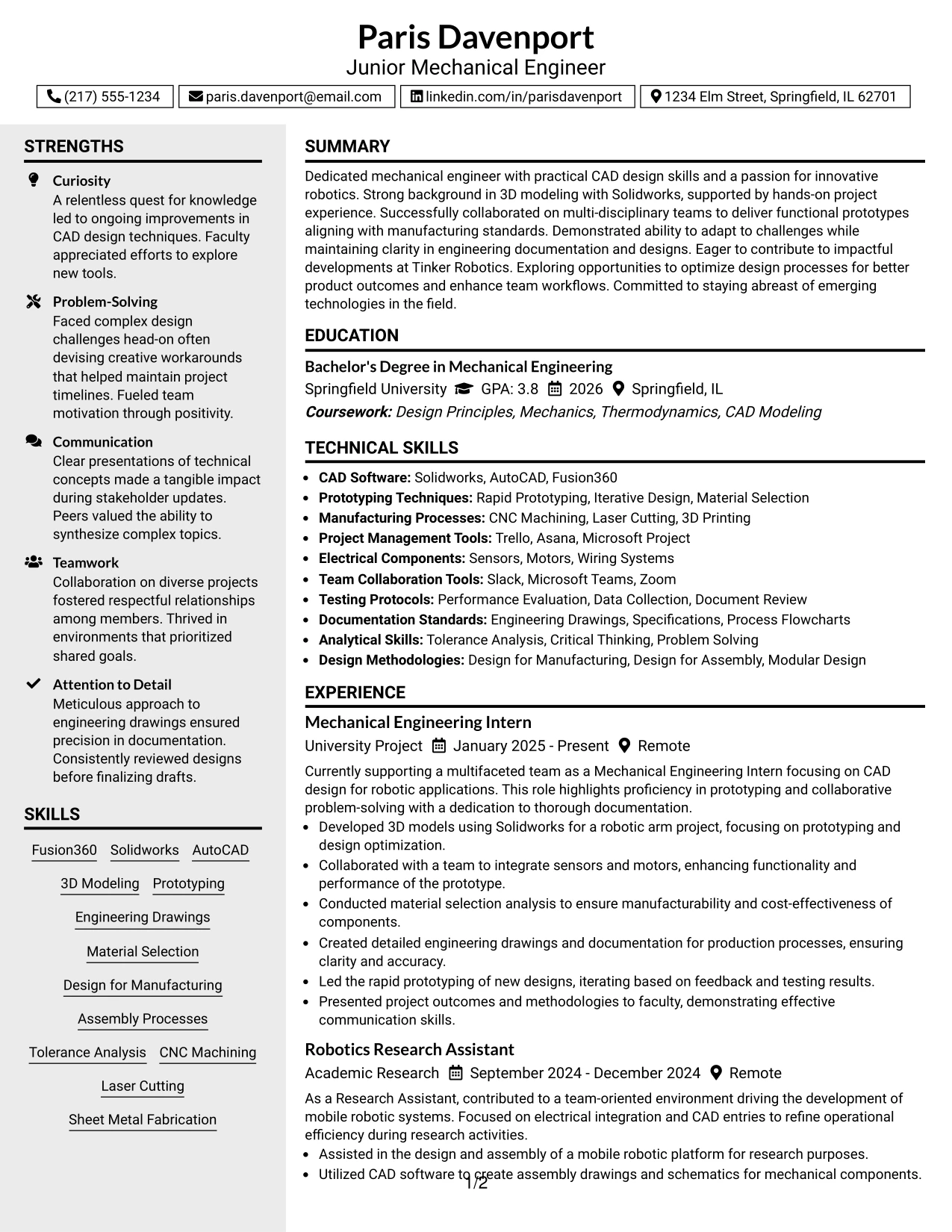 Resume Example Page 1