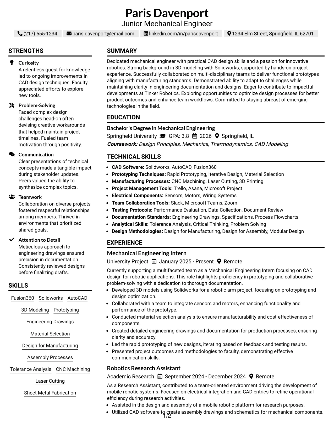 Resume Example Page 1