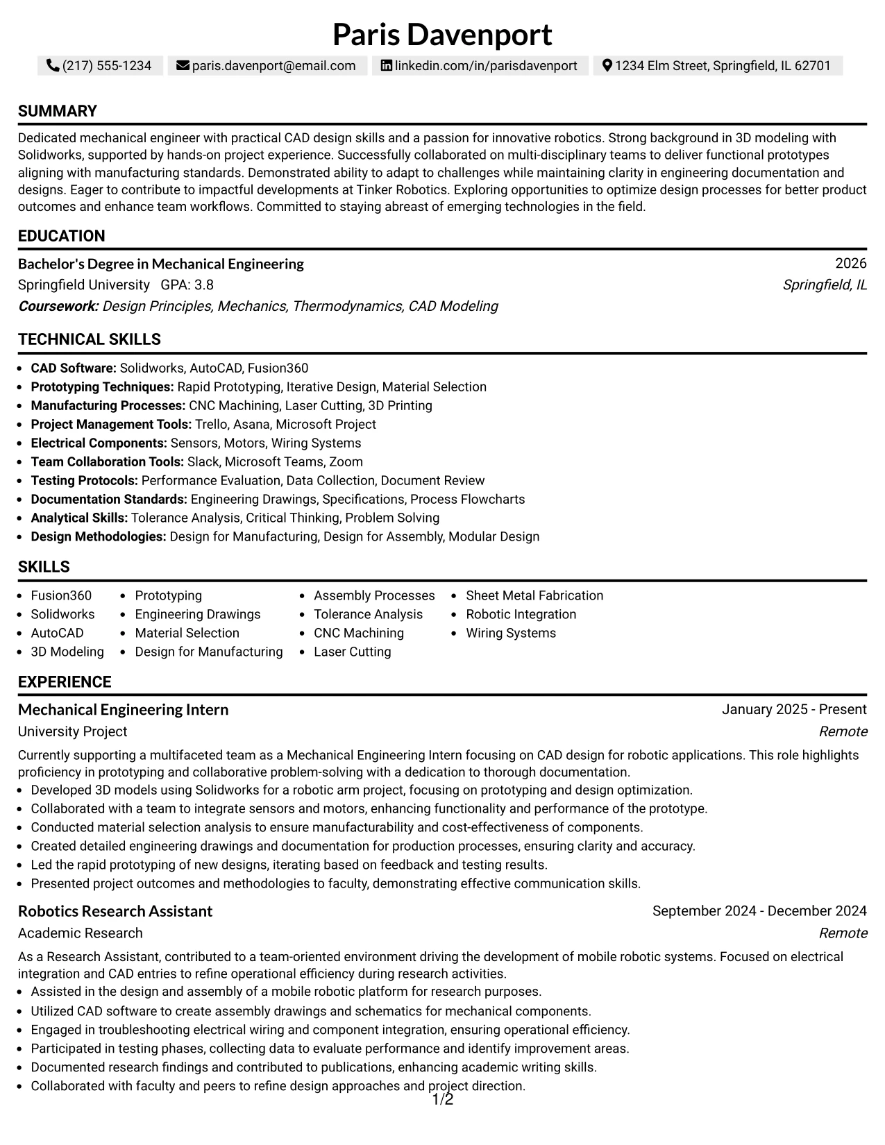 Resume Example Page 1