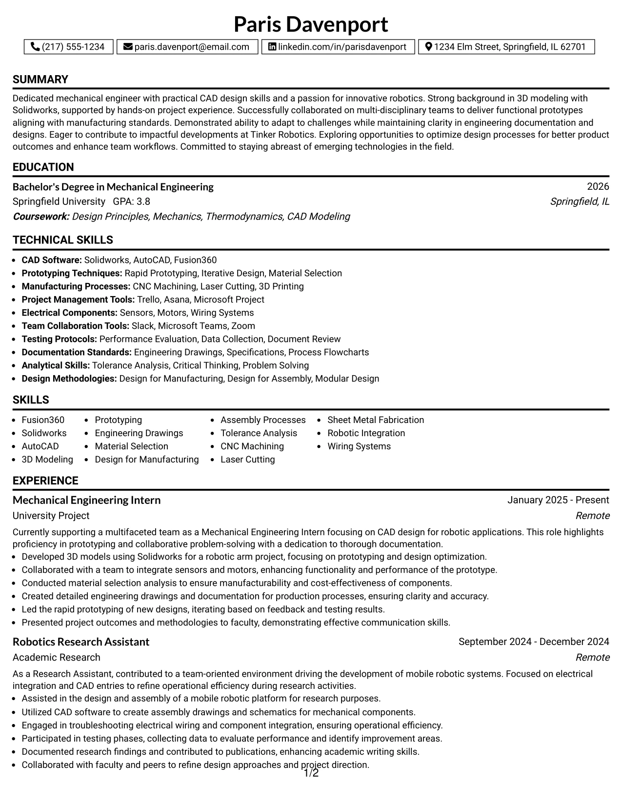 Resume Example Page 1