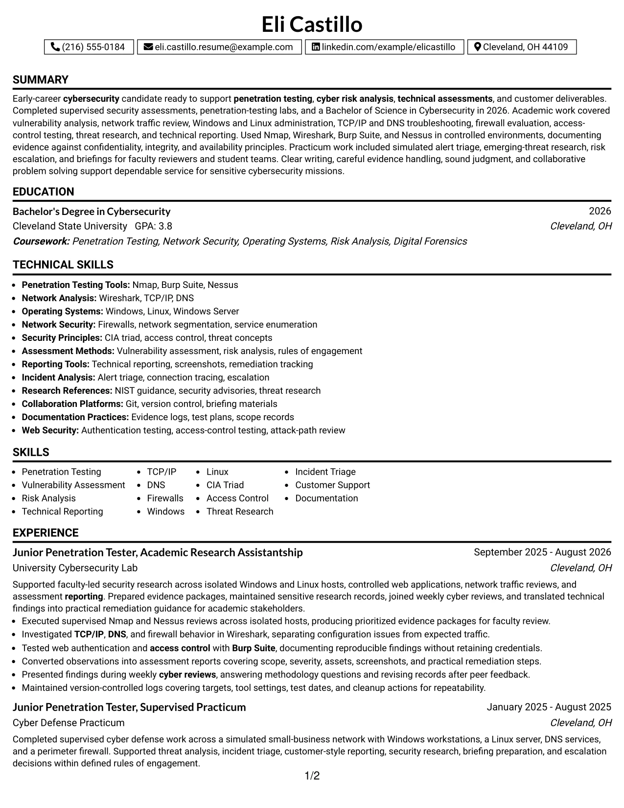 Resume Example Page 1