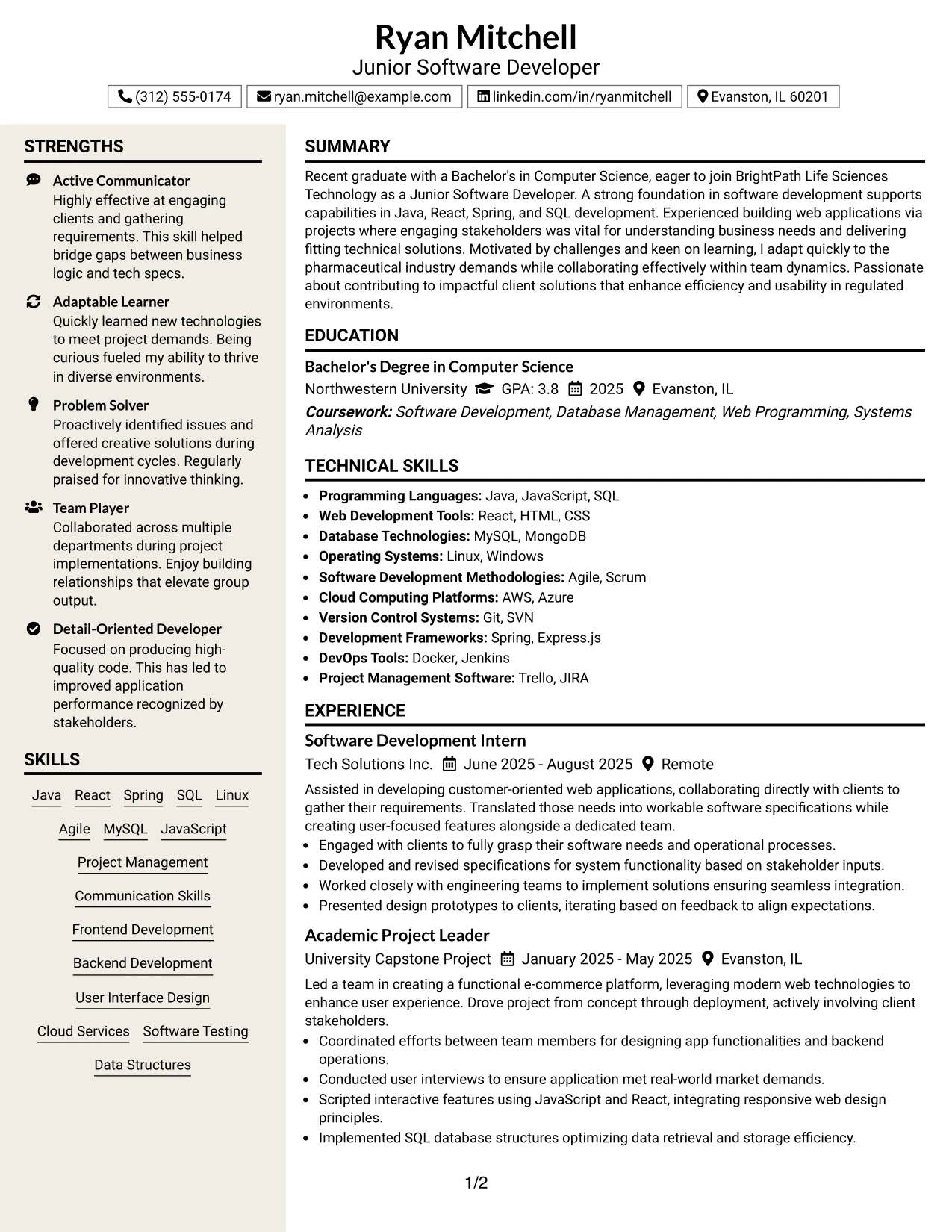 Resume Example Page 1