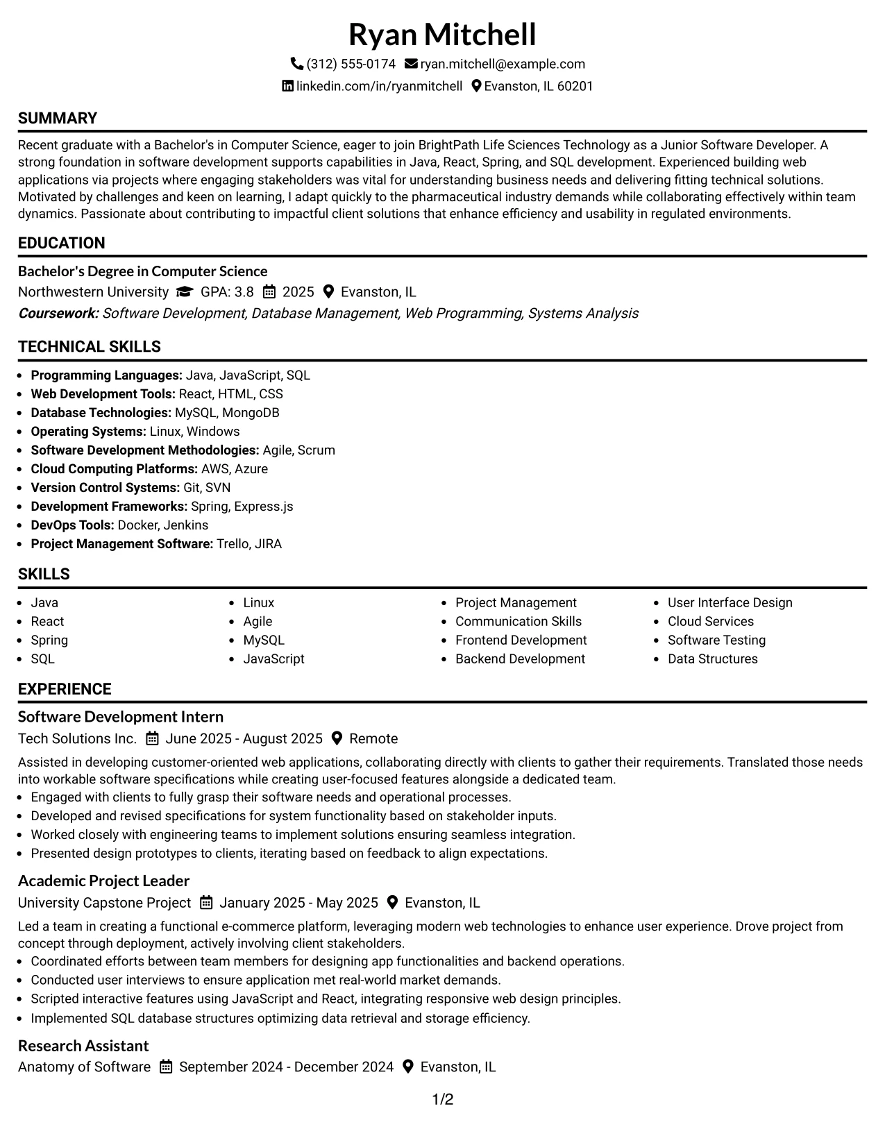 Resume Example Page 1