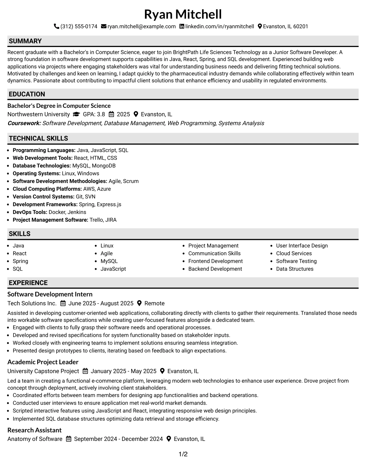 Resume Example Page 1