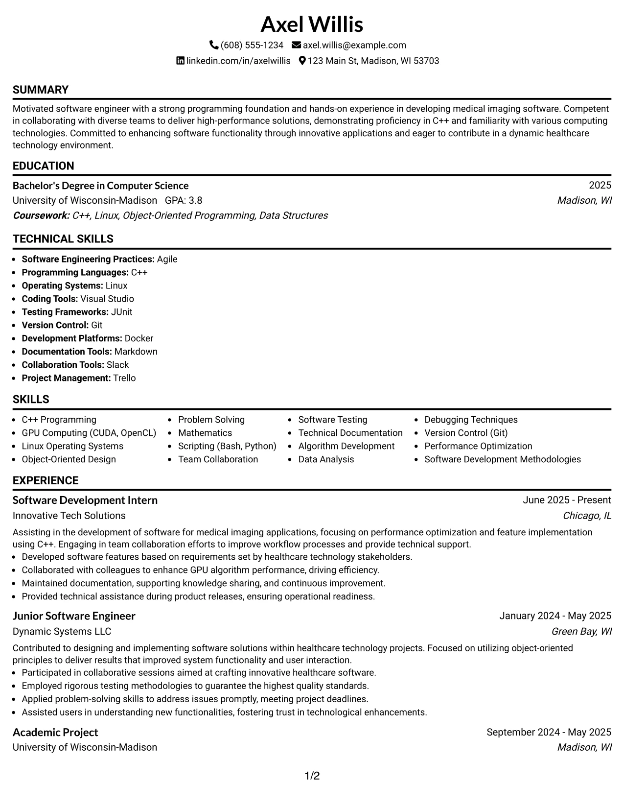 Resume Example Page 1