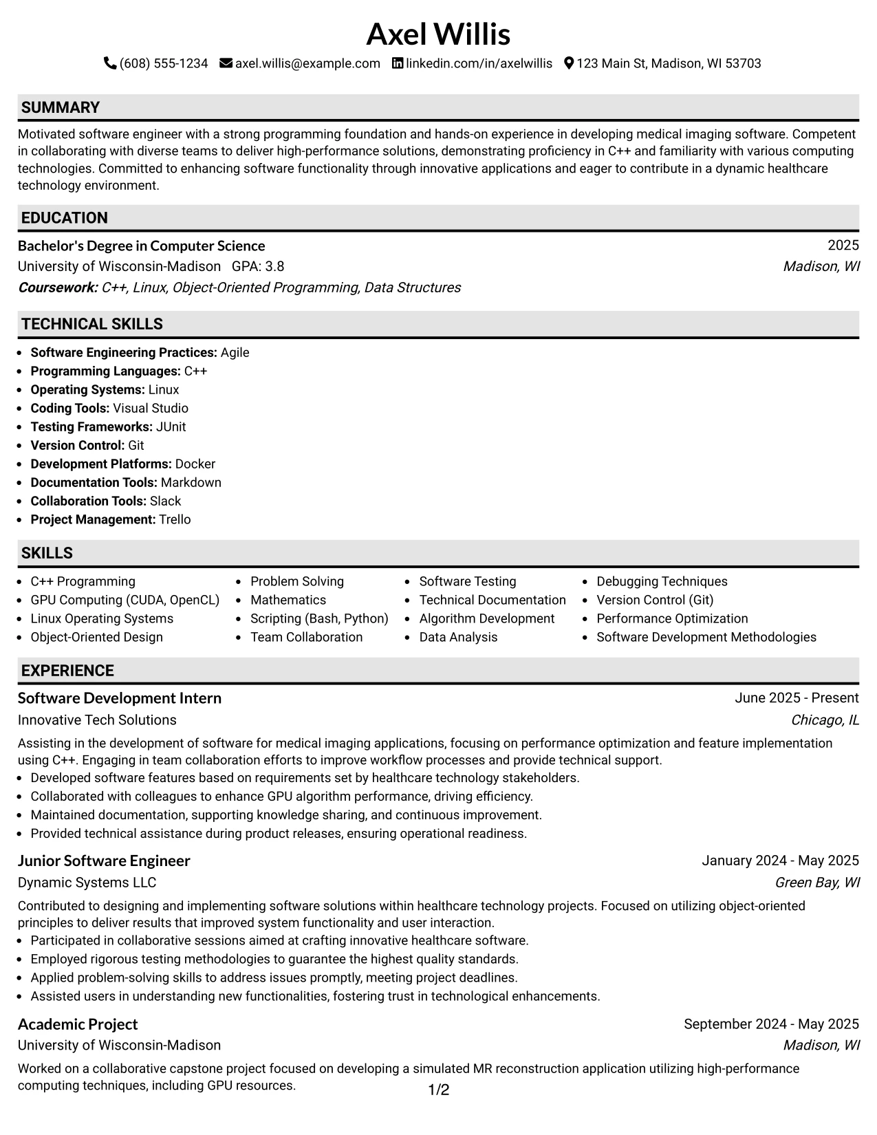 Resume Example Page 1