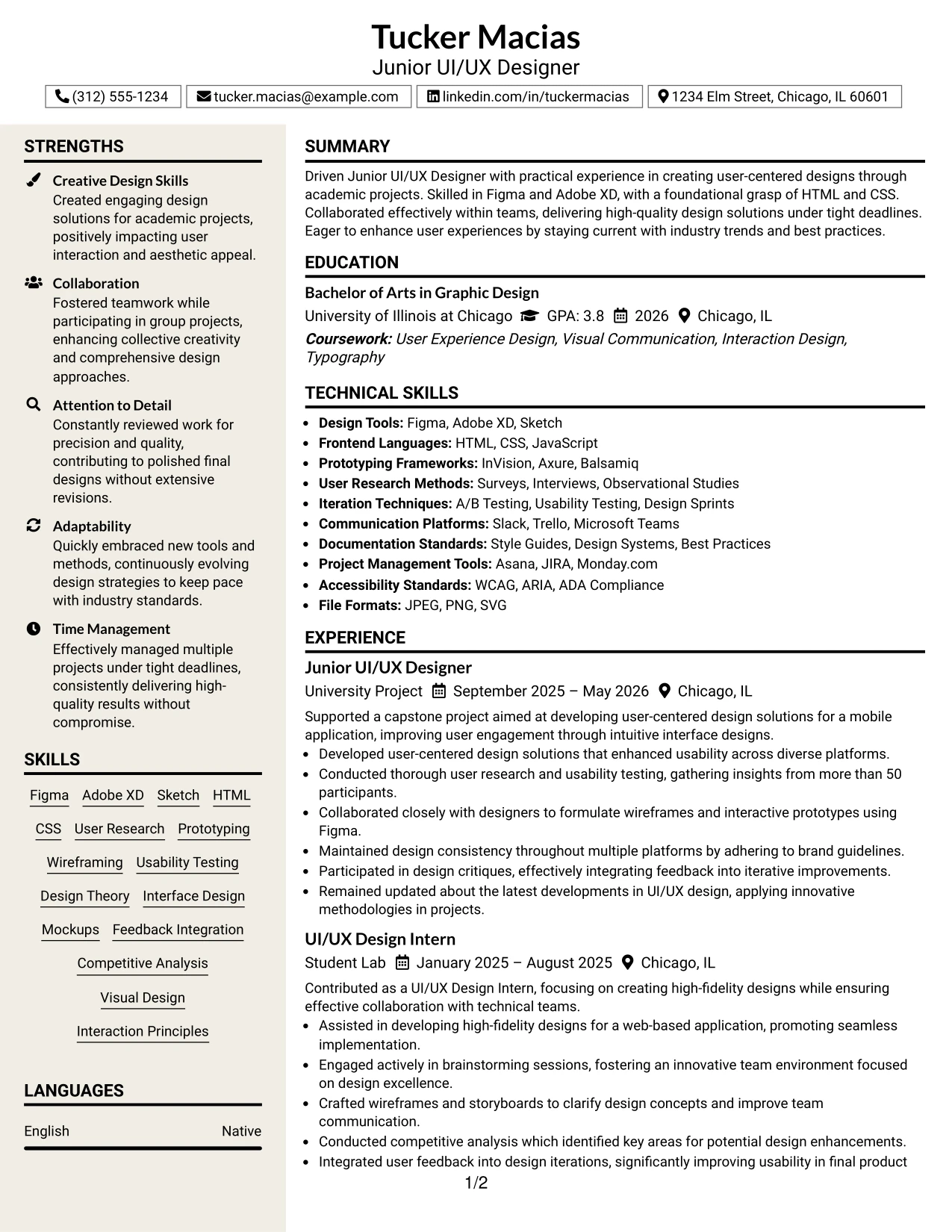 Resume Example Page 1