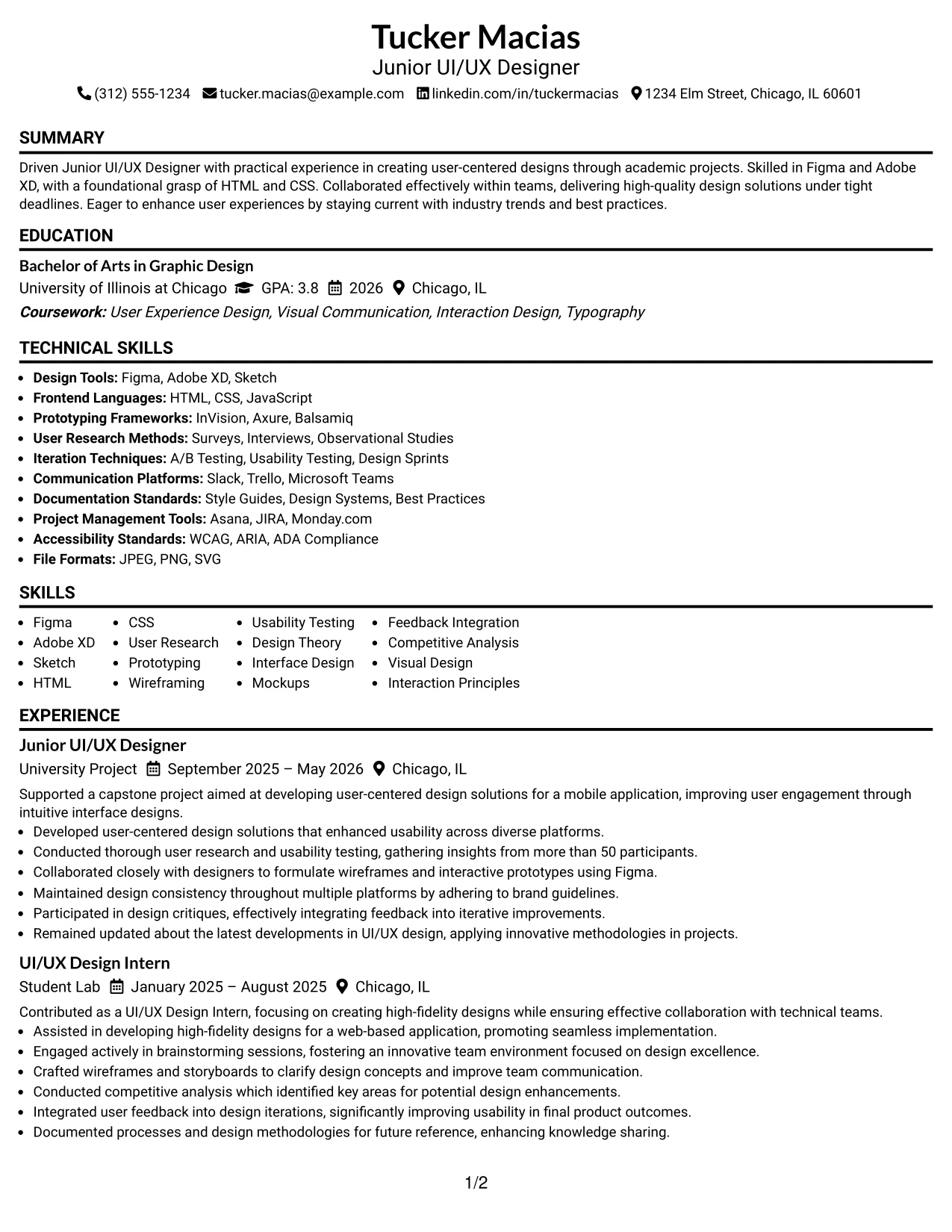 Resume Example Page 1