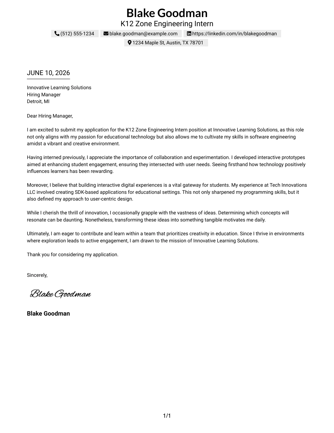 Resume Example Page 1