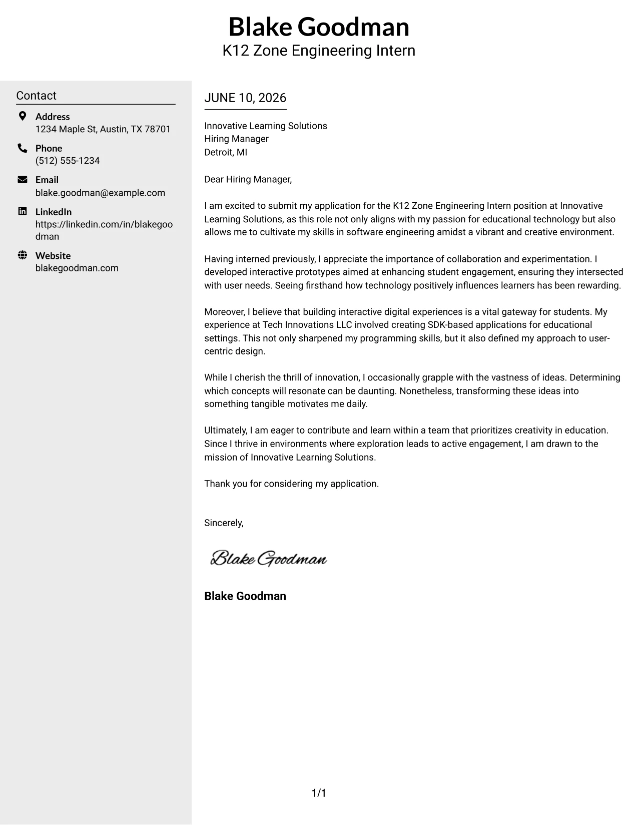 Resume Example Page 1