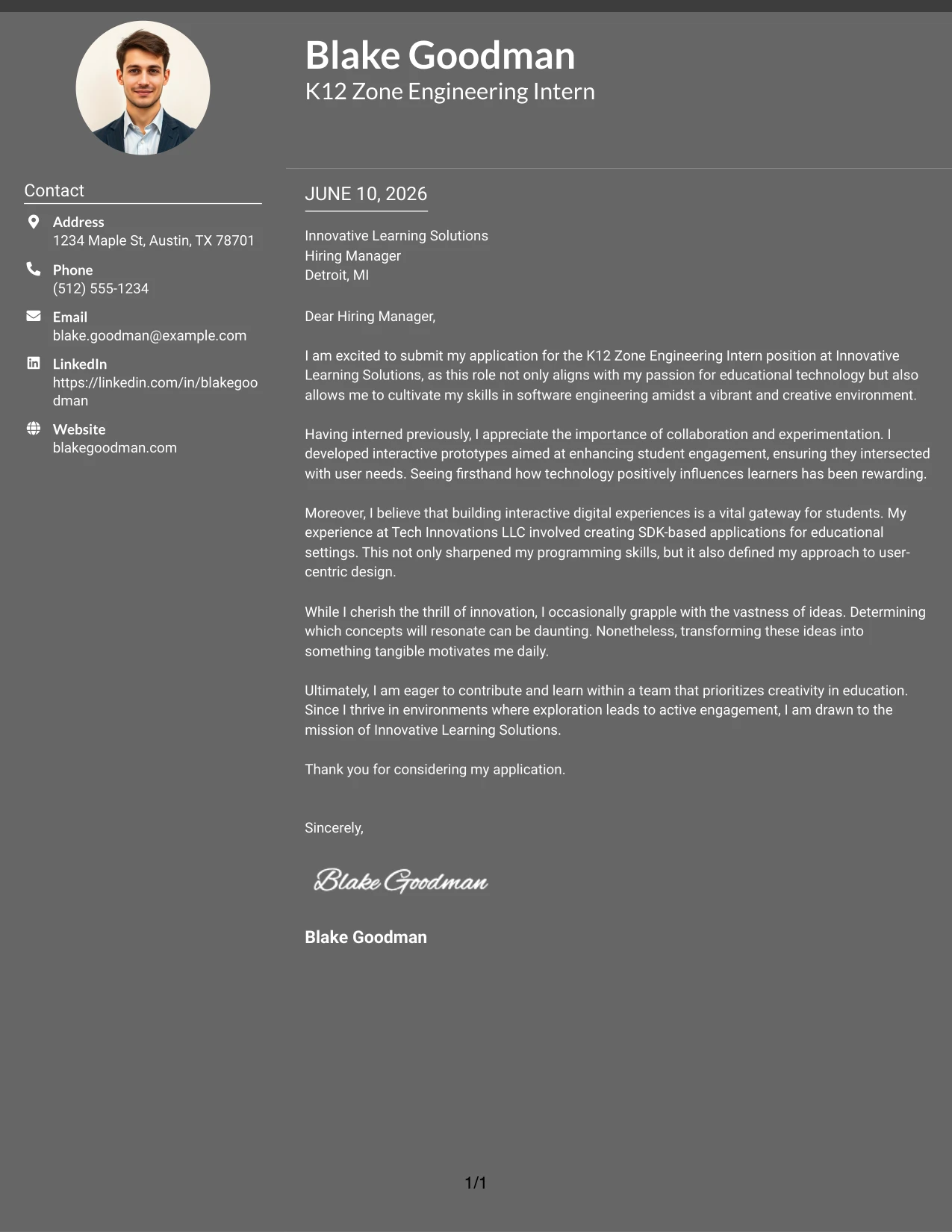 Resume Example Page 1