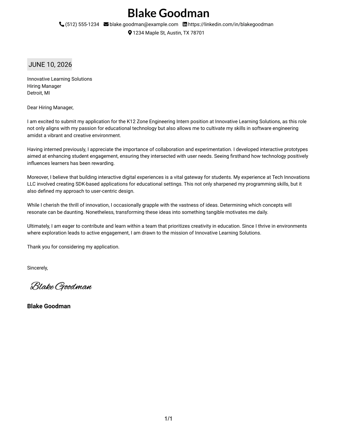 Resume Example Page 1