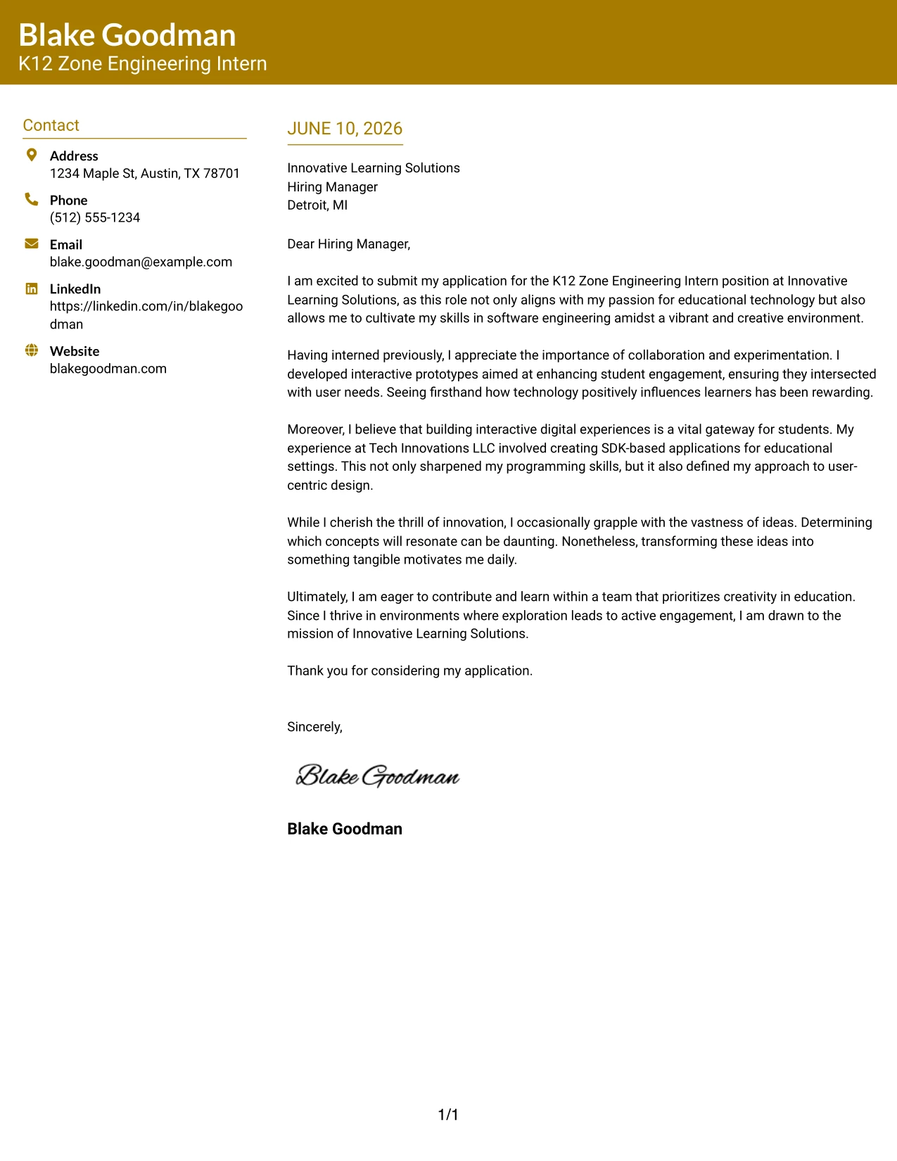 Resume Example Page 1