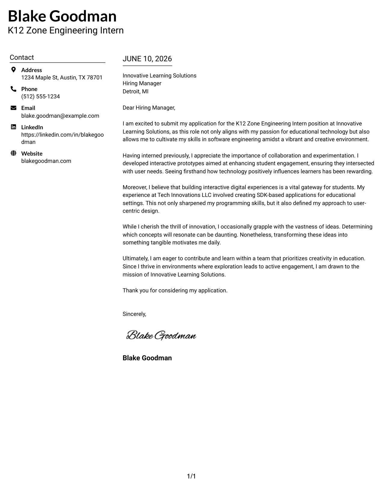 Resume Example Page 1