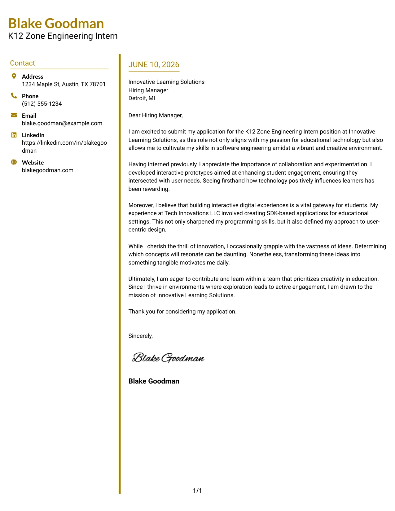 Resume Example Page 1
