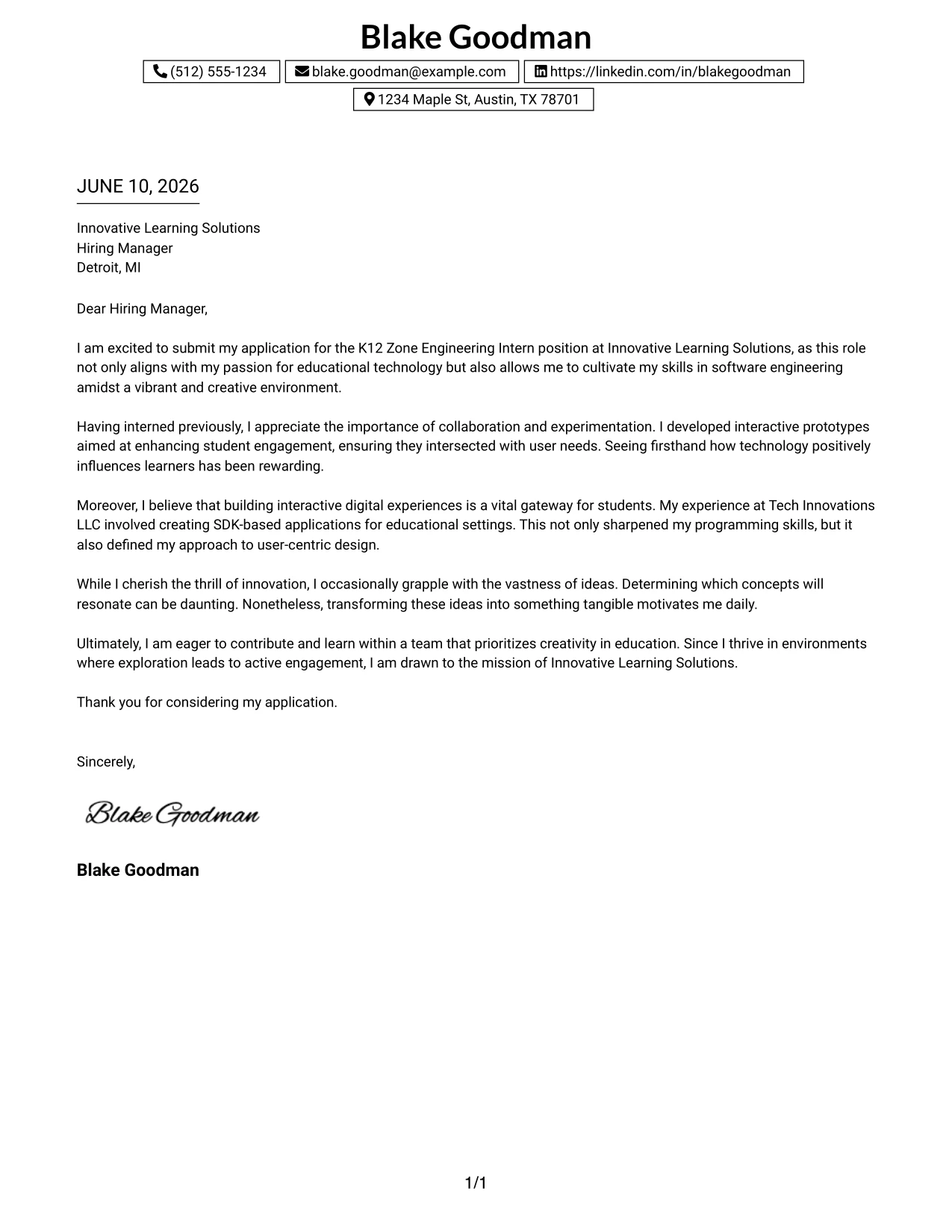Resume Example Page 1