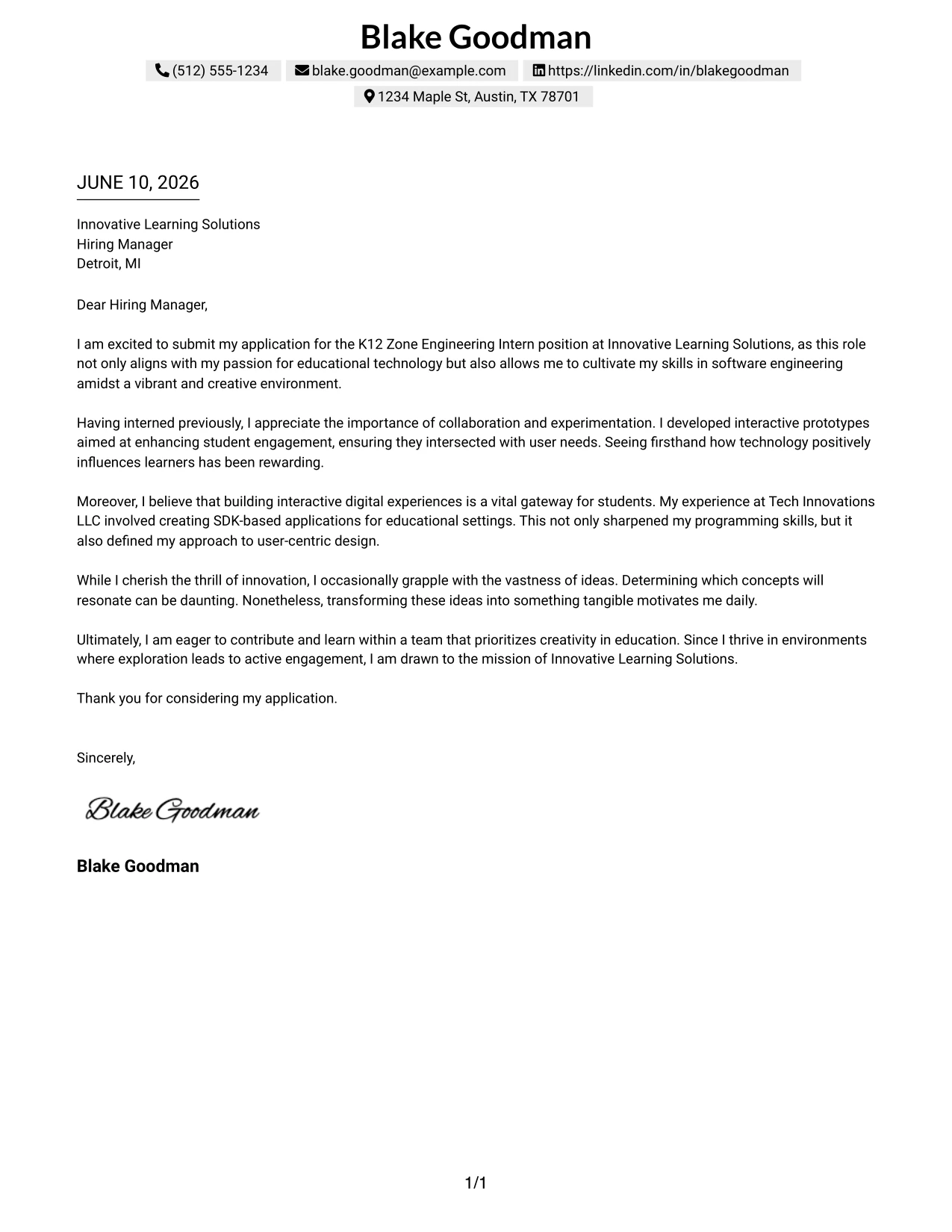 Resume Example Page 1