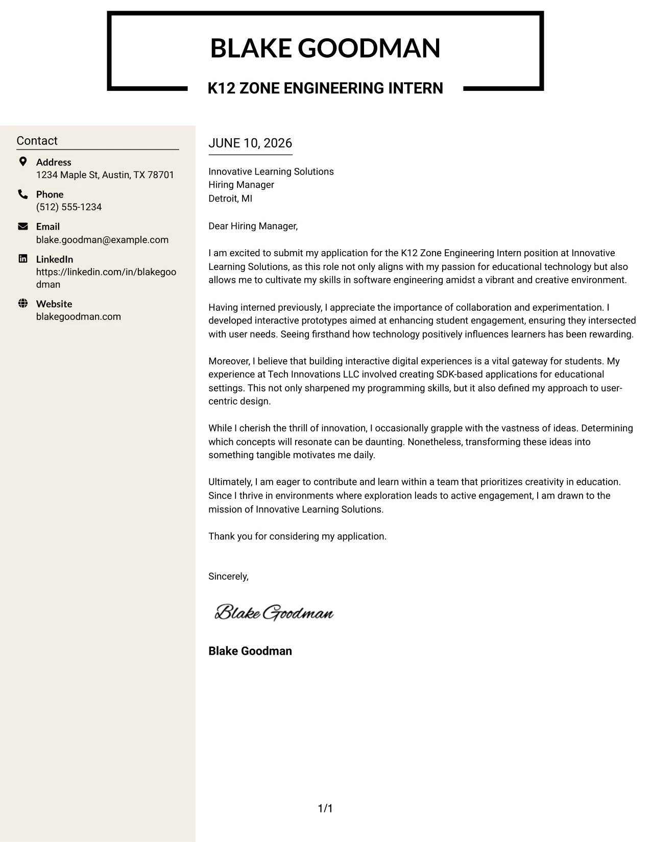 Resume Example Page 1