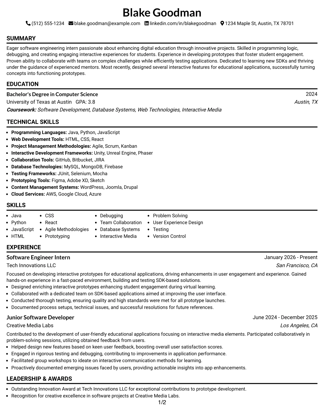 Resume Example Page 1