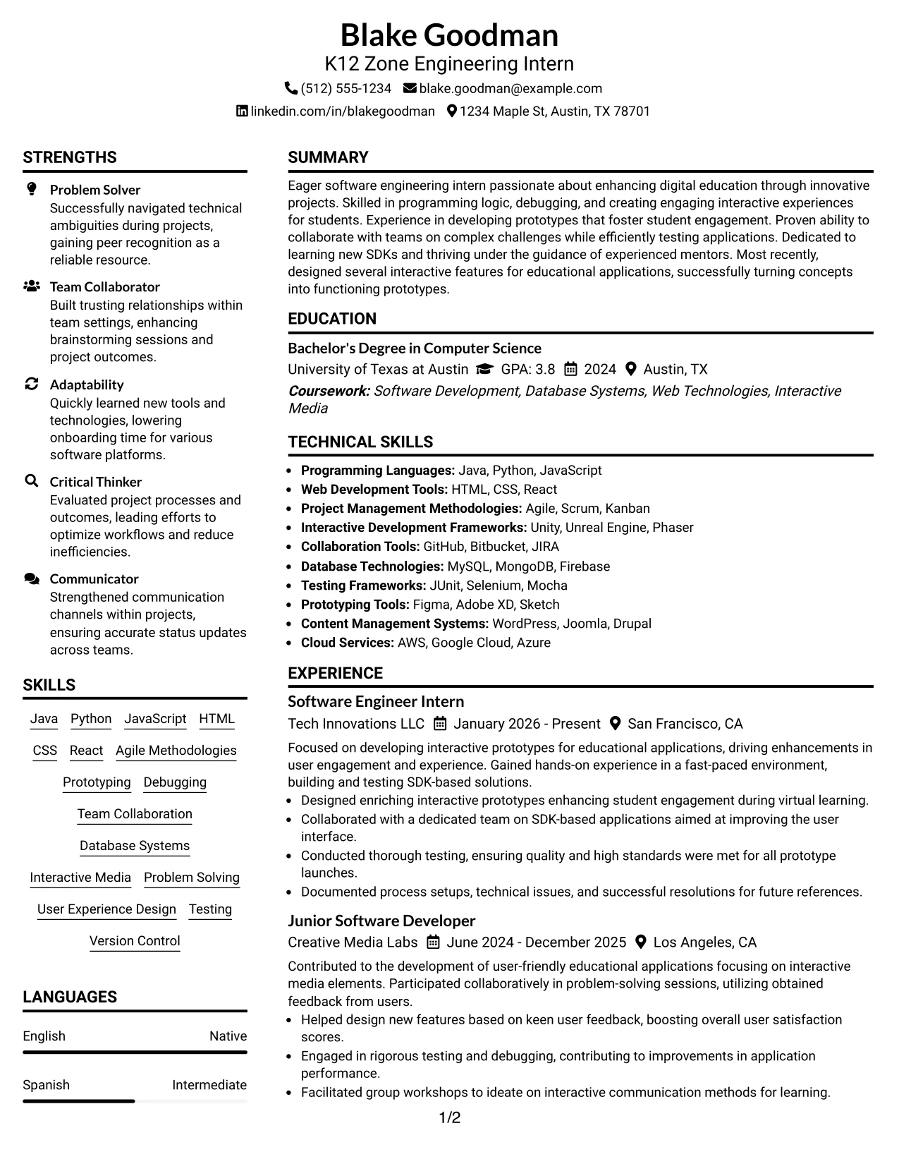 Resume Example Page 1