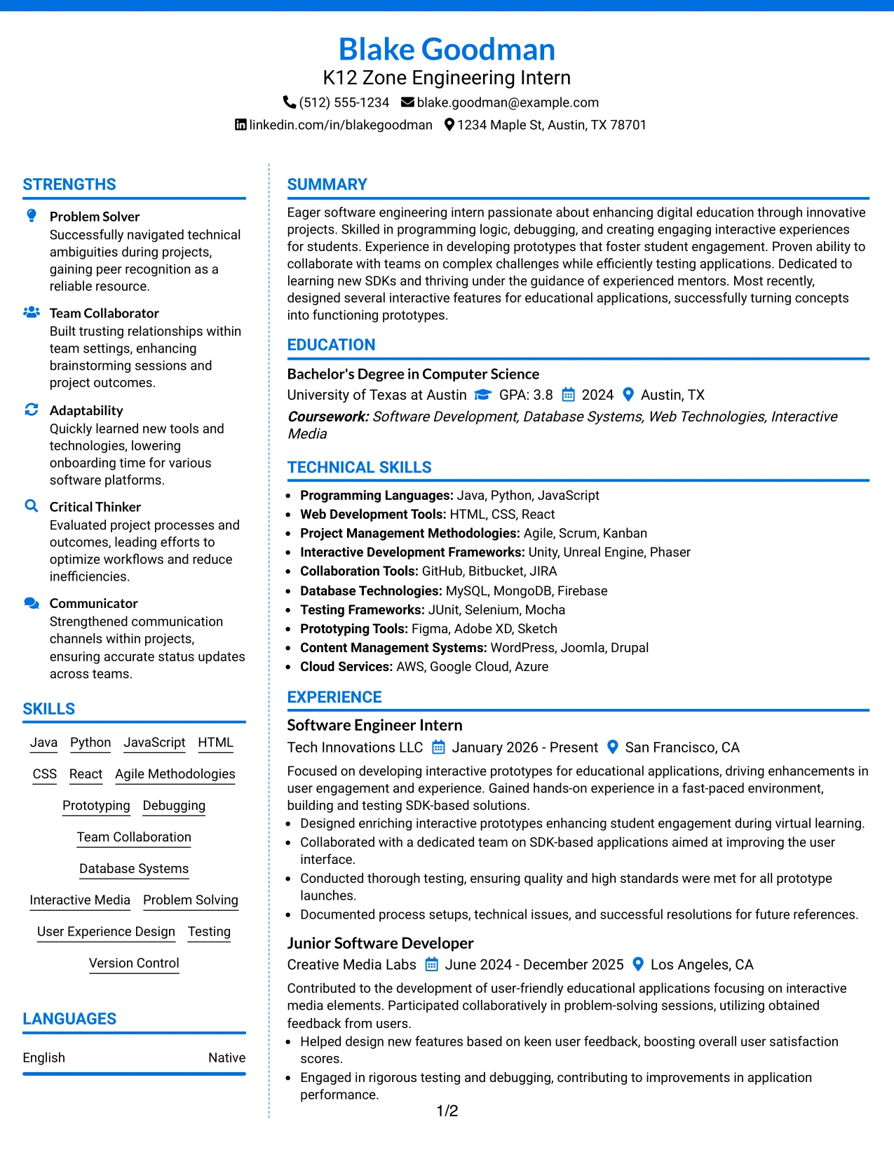 Resume Example Page 1